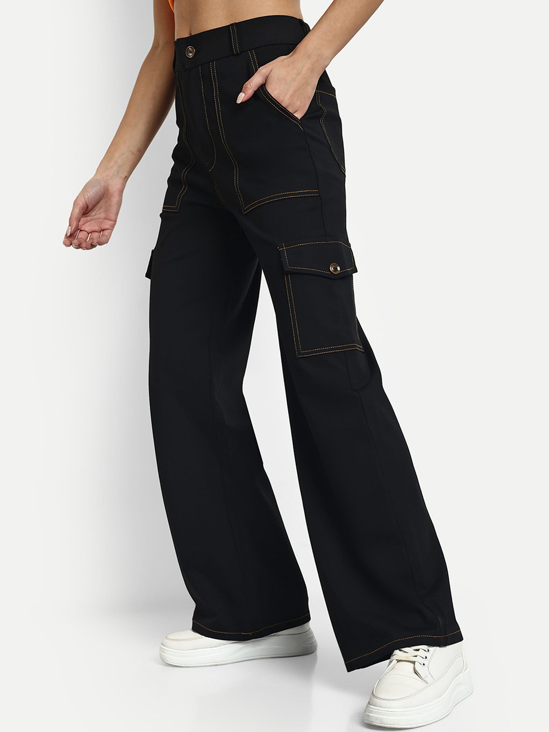 

BROADSTAR Women Smart Straight Fit High-Rise Easy Wash Cargos Trousers, Black