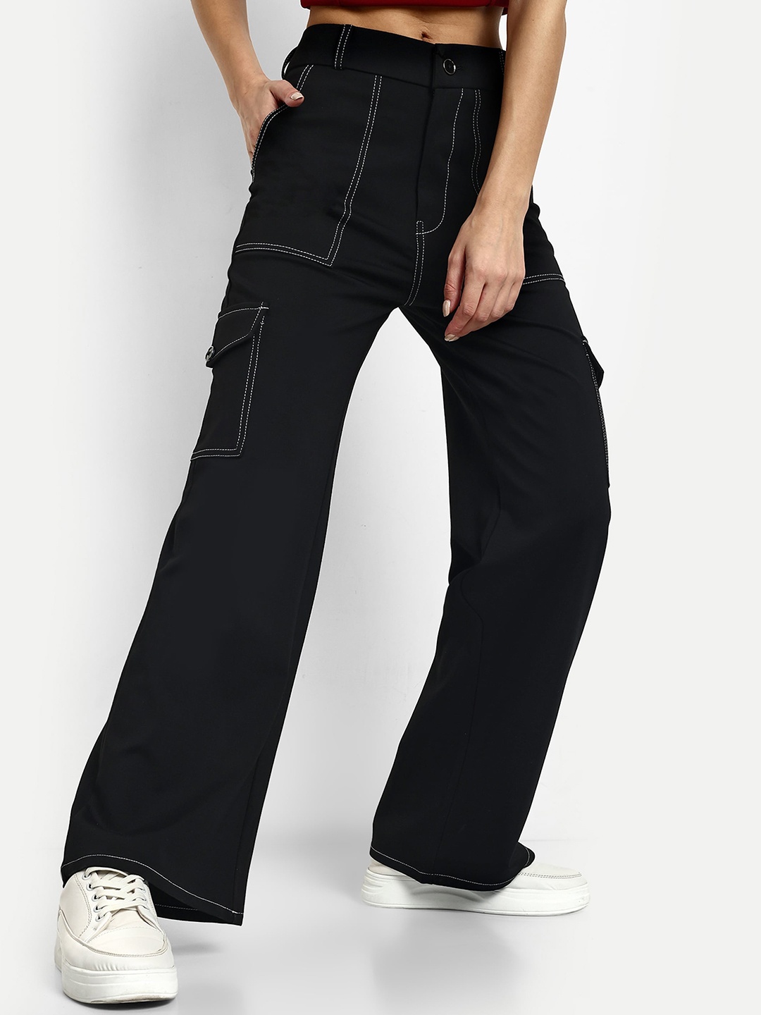 

BROADSTAR Women Smart Straight Fit High-Rise Easy Wash Cargos Trousers, Black