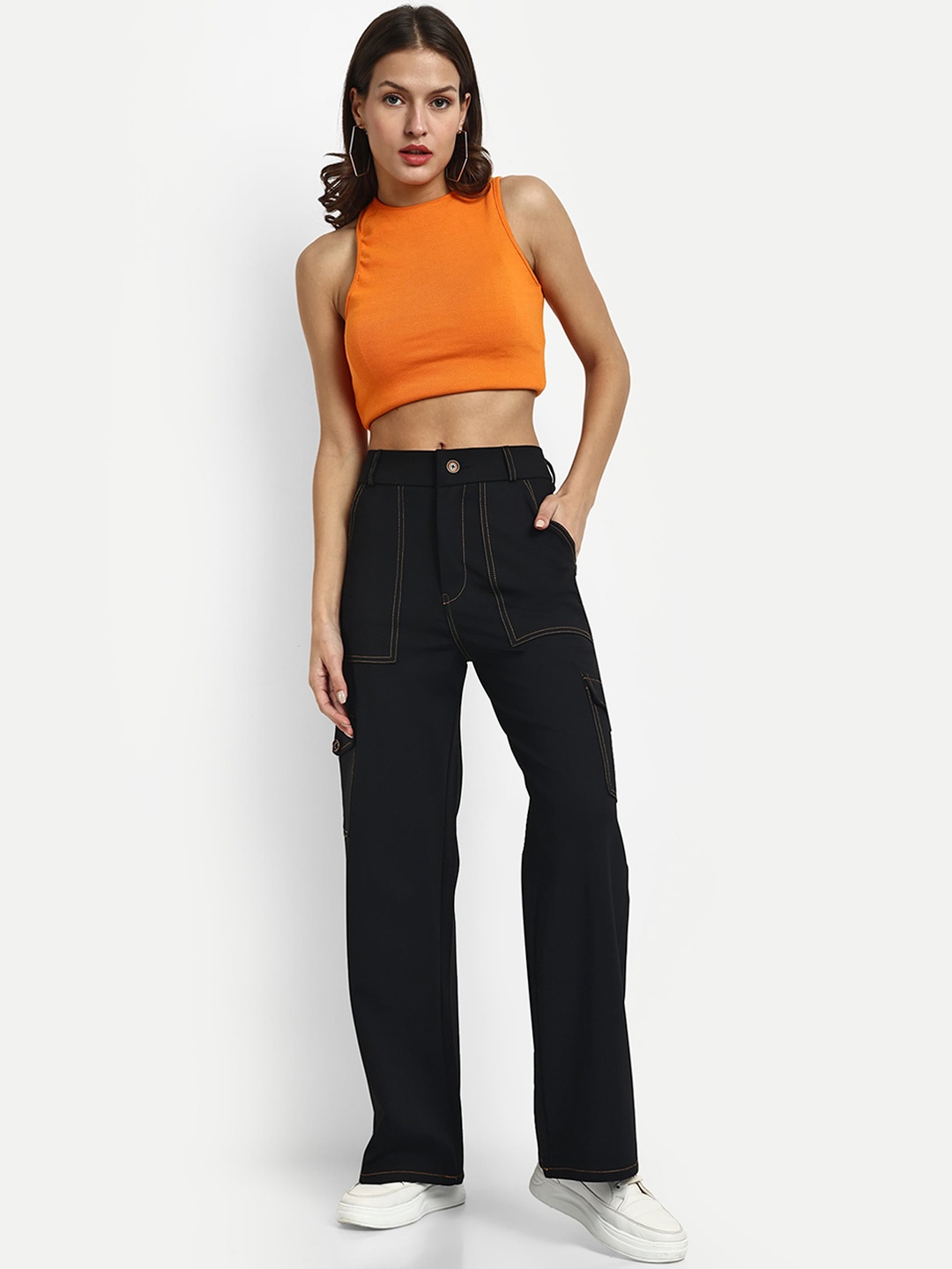 

BROADSTAR Women Smart Straight Fit High-Rise Easy Wash Cargos Trousers, Black