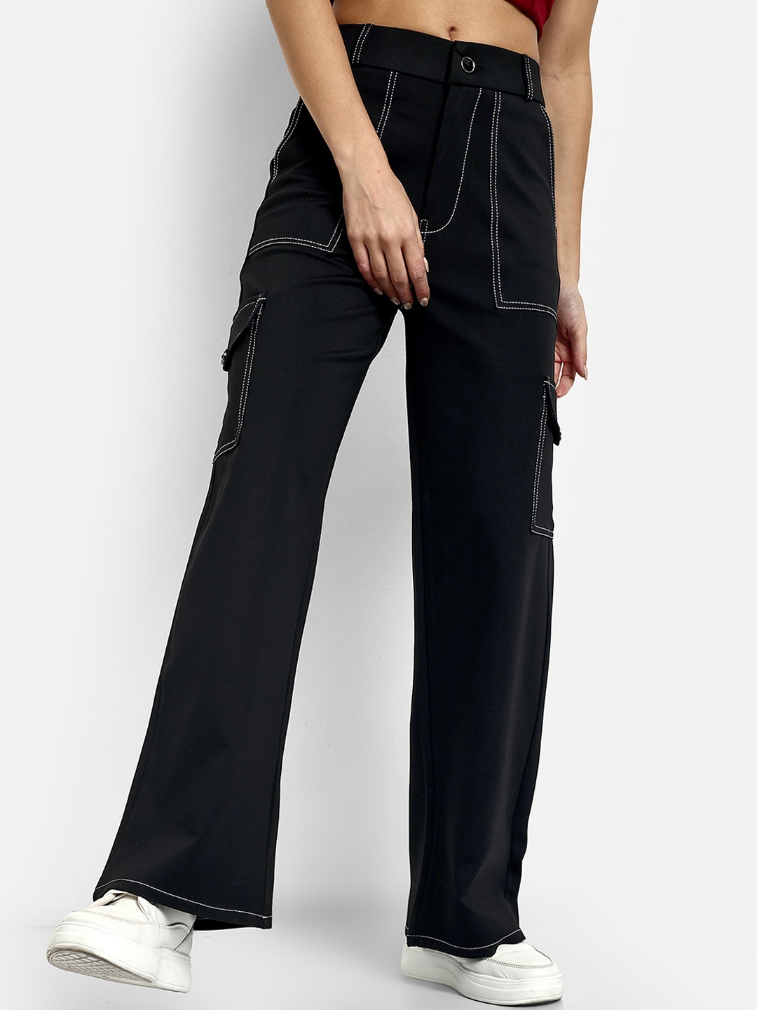 

BROADSTAR Women Smart Straight Fit High-Rise Easy Wash Cargos Trousers, Black