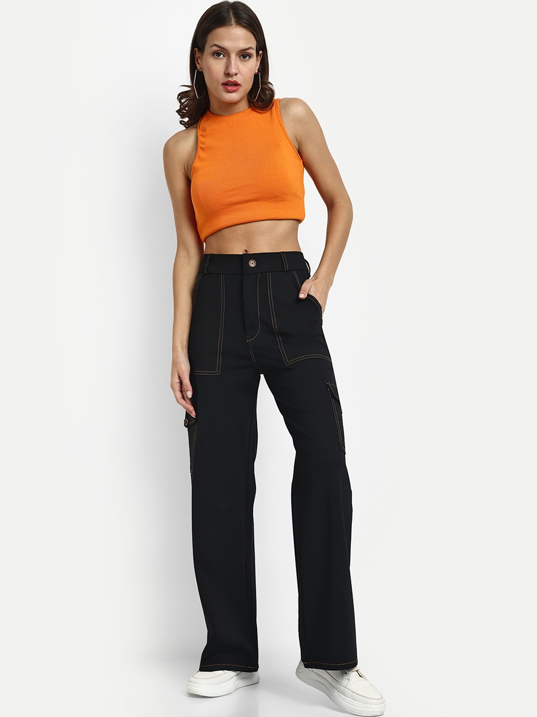 

BROADSTAR Women Smart Straight Fit High-Rise Easy Wash Cargos Trousers, Black