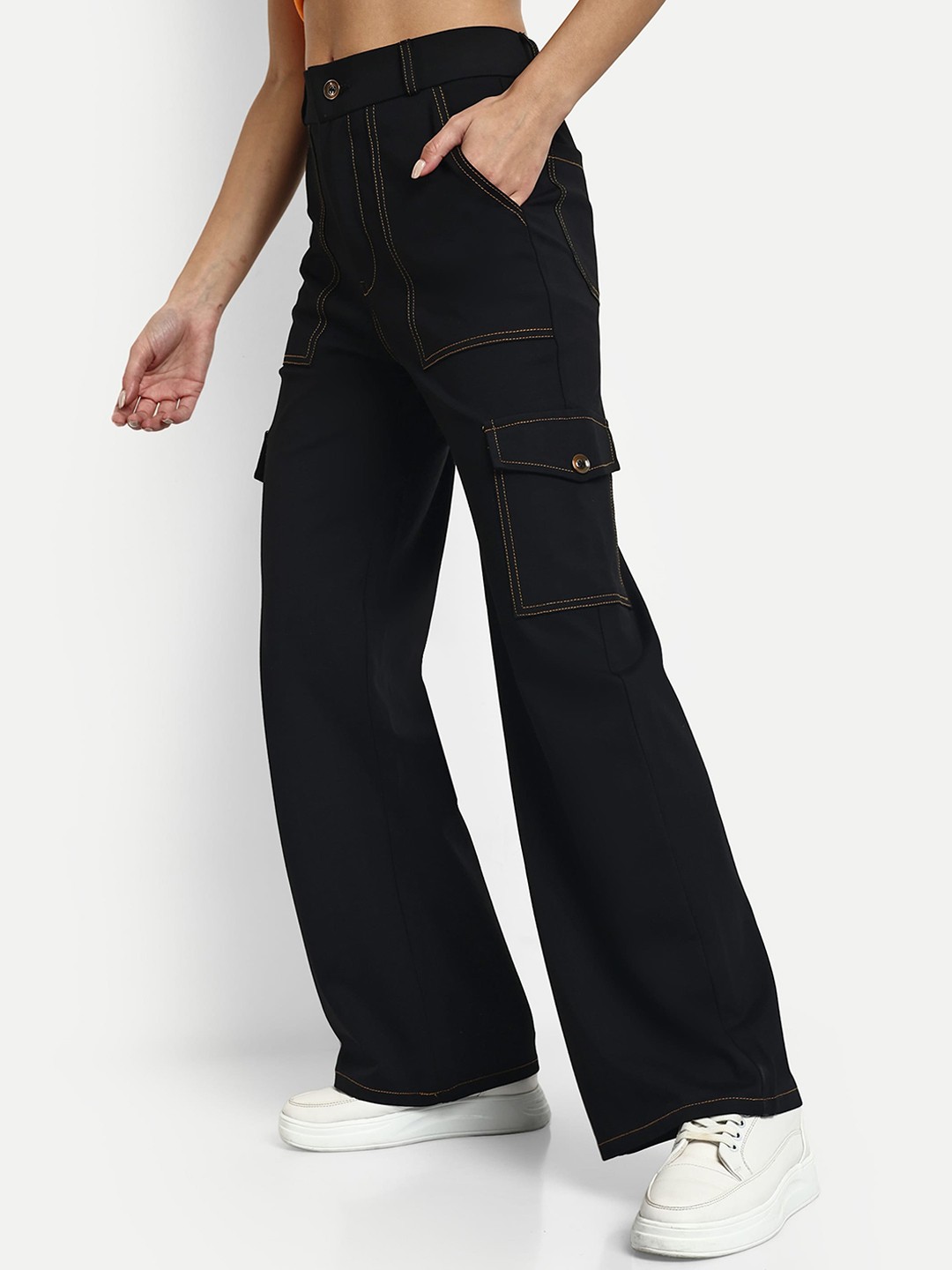 

BROADSTAR Women Smart Straight Fit High-Rise Easy Wash Cargos Trousers, Black
