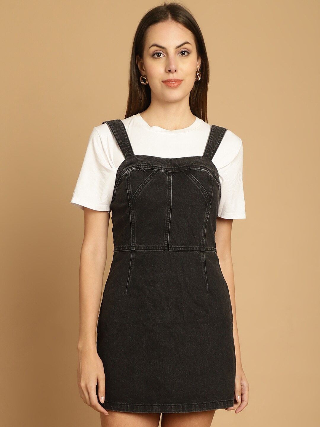 

NoBarr Shoulder Straps Cotton Denim Pinafore Dress, Black