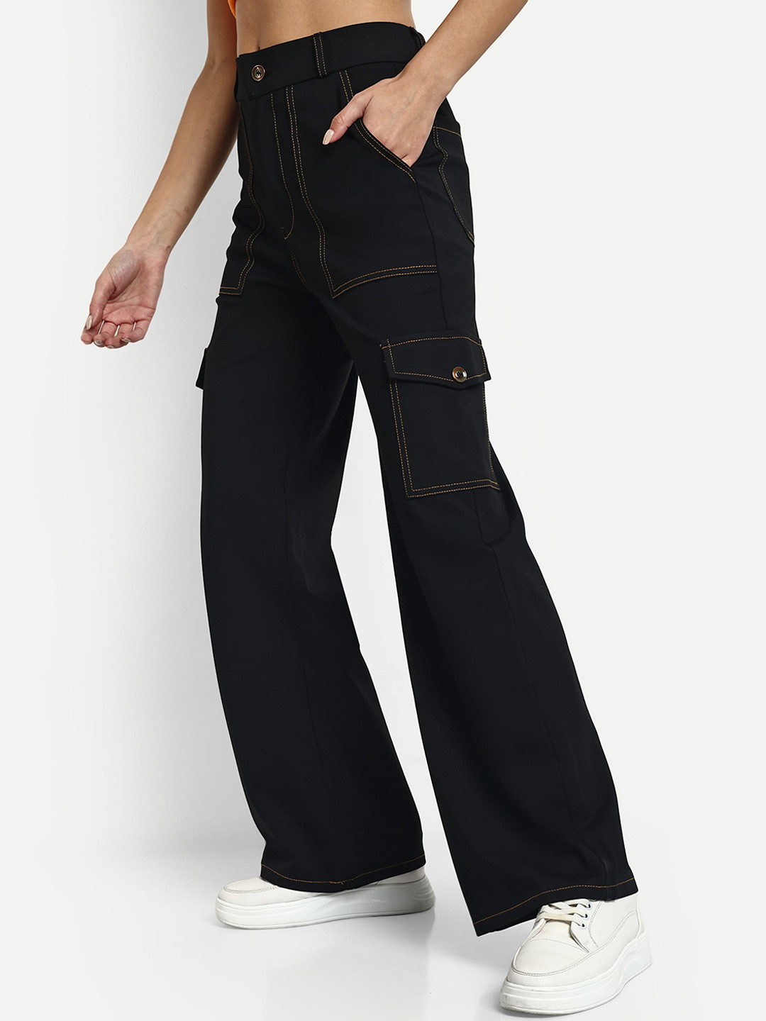 

Next One Women Smart Straight Fit High-Rise Easy Wash Cargos, Black