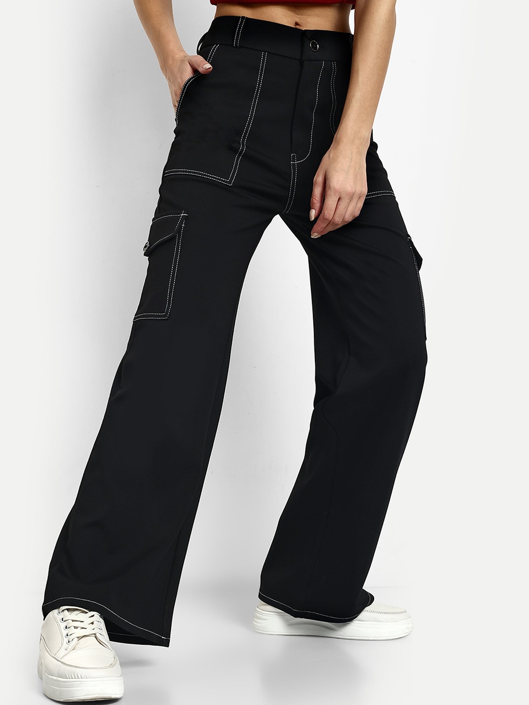

Next One Women Smart Straight Fit High-Rise Easy Wash Cargos, Black