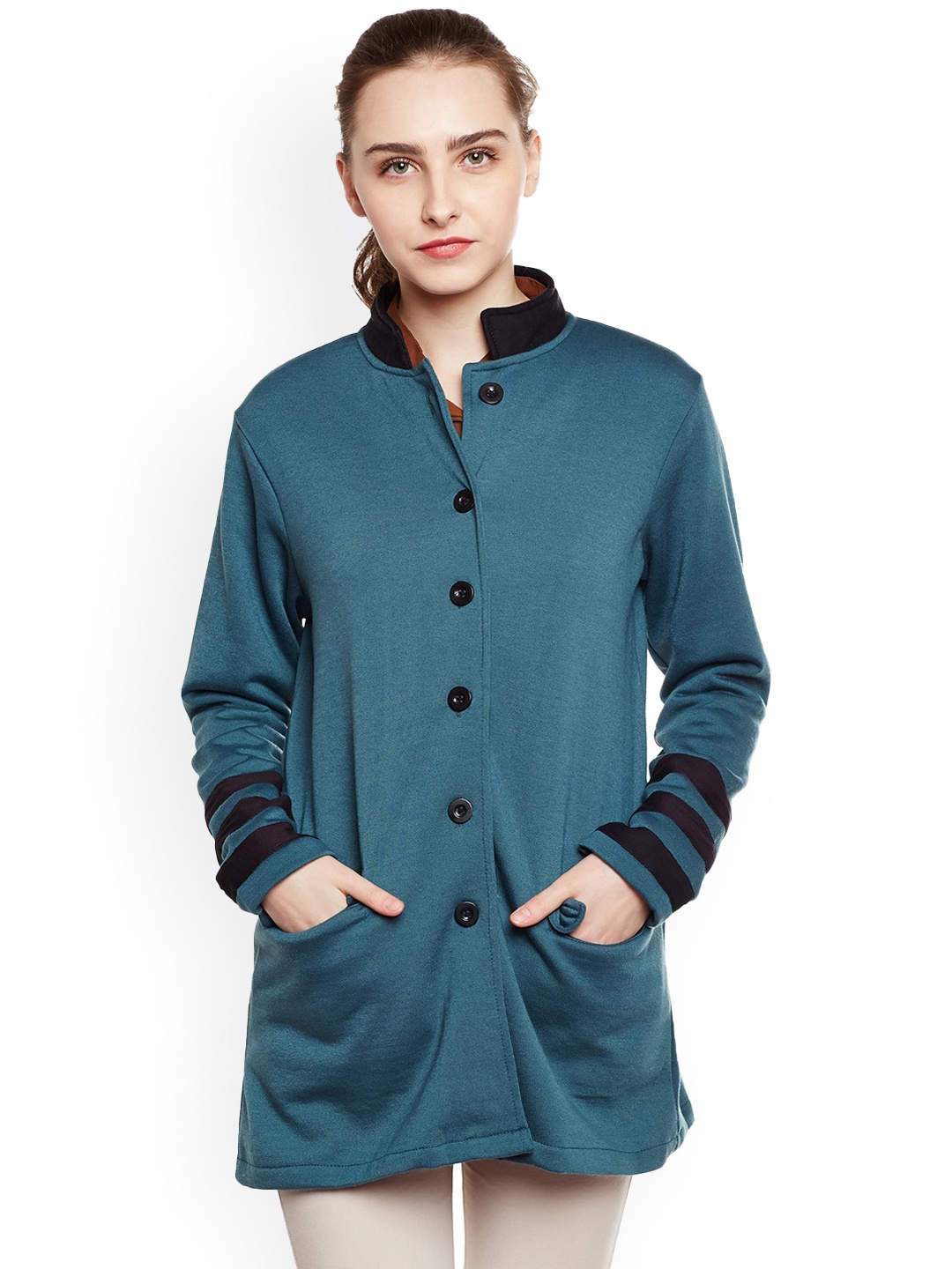 

BAESD Single Breasted Stand Collar Longline Fleece Overcoat, Teal