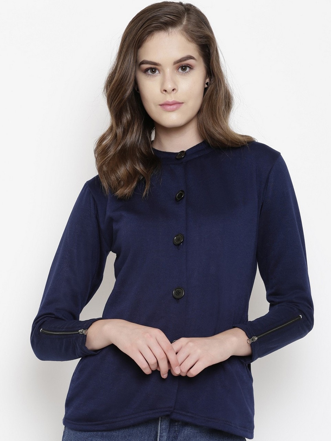 

BAESD Band Collar Single Breasted Fleece Overcoat, Navy blue