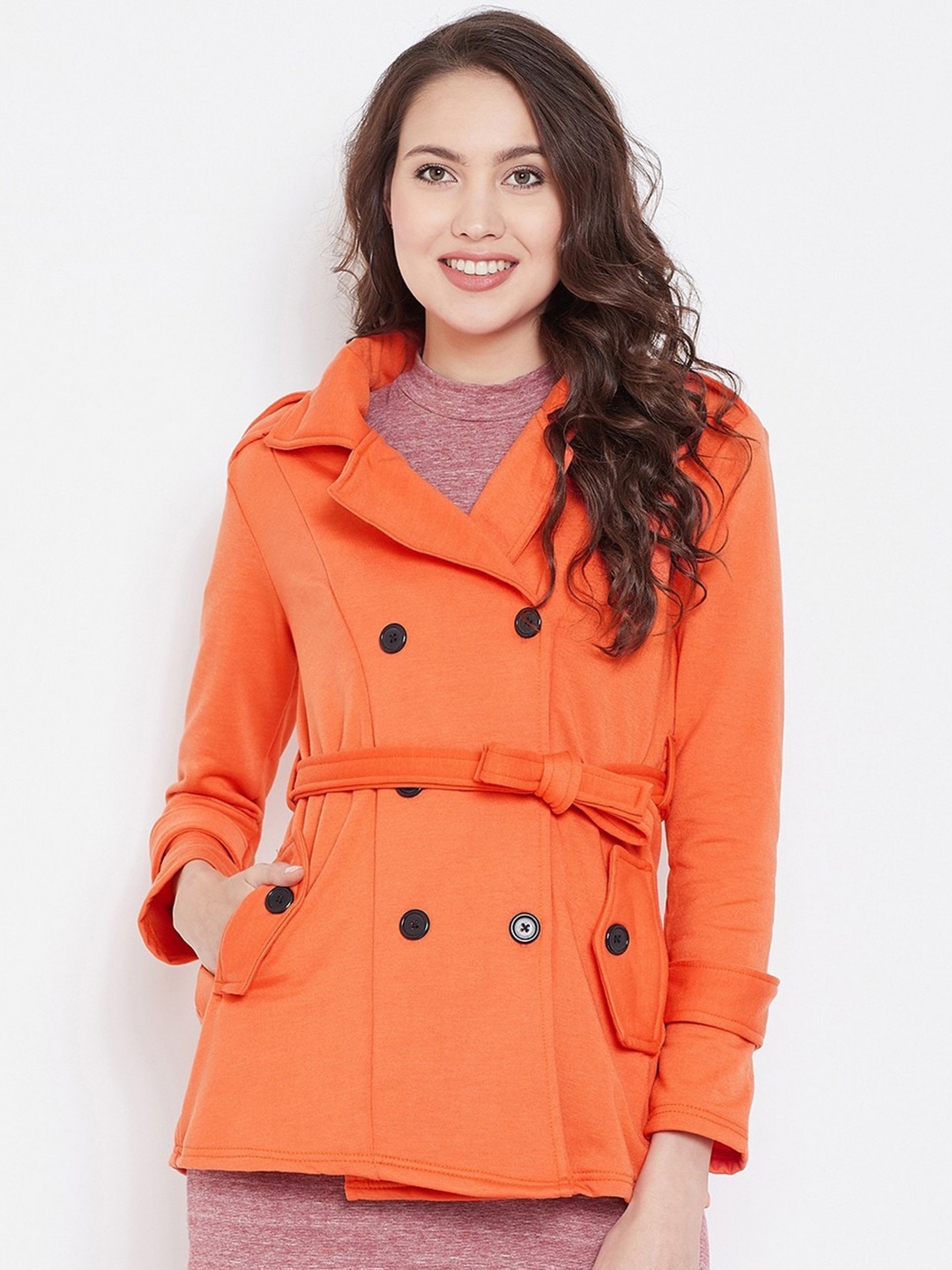 

BAESD Notched Lapel Collar Double Breasted Fleece Trench Coat, Orange