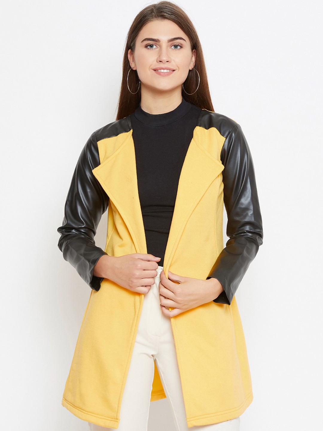 

BAESD Colourblocked Long Sleeves Shawl Collar Fleece Longline Overcoats, Yellow