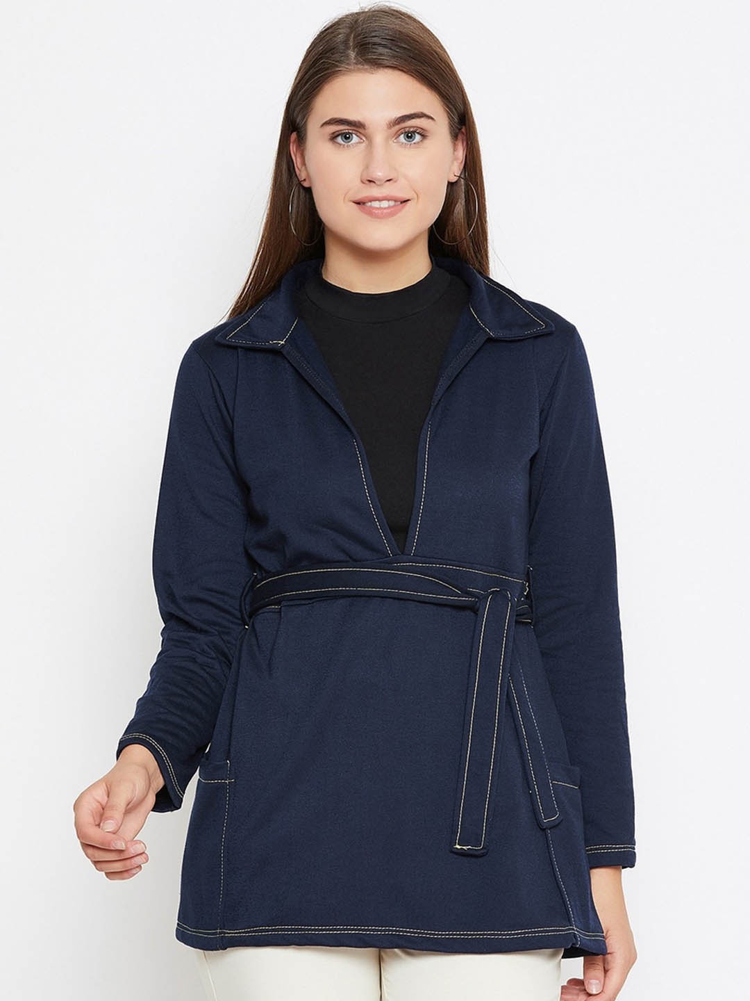 

BAESD Spread Collar Tie-Up Fleece Trench Coat, Navy blue