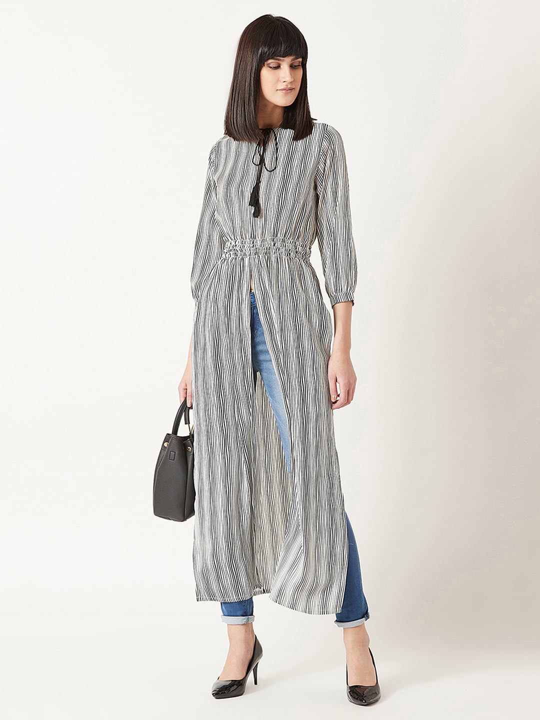 

DressBerry Monochrome Striped Smocked Maxi Longline Top, Black