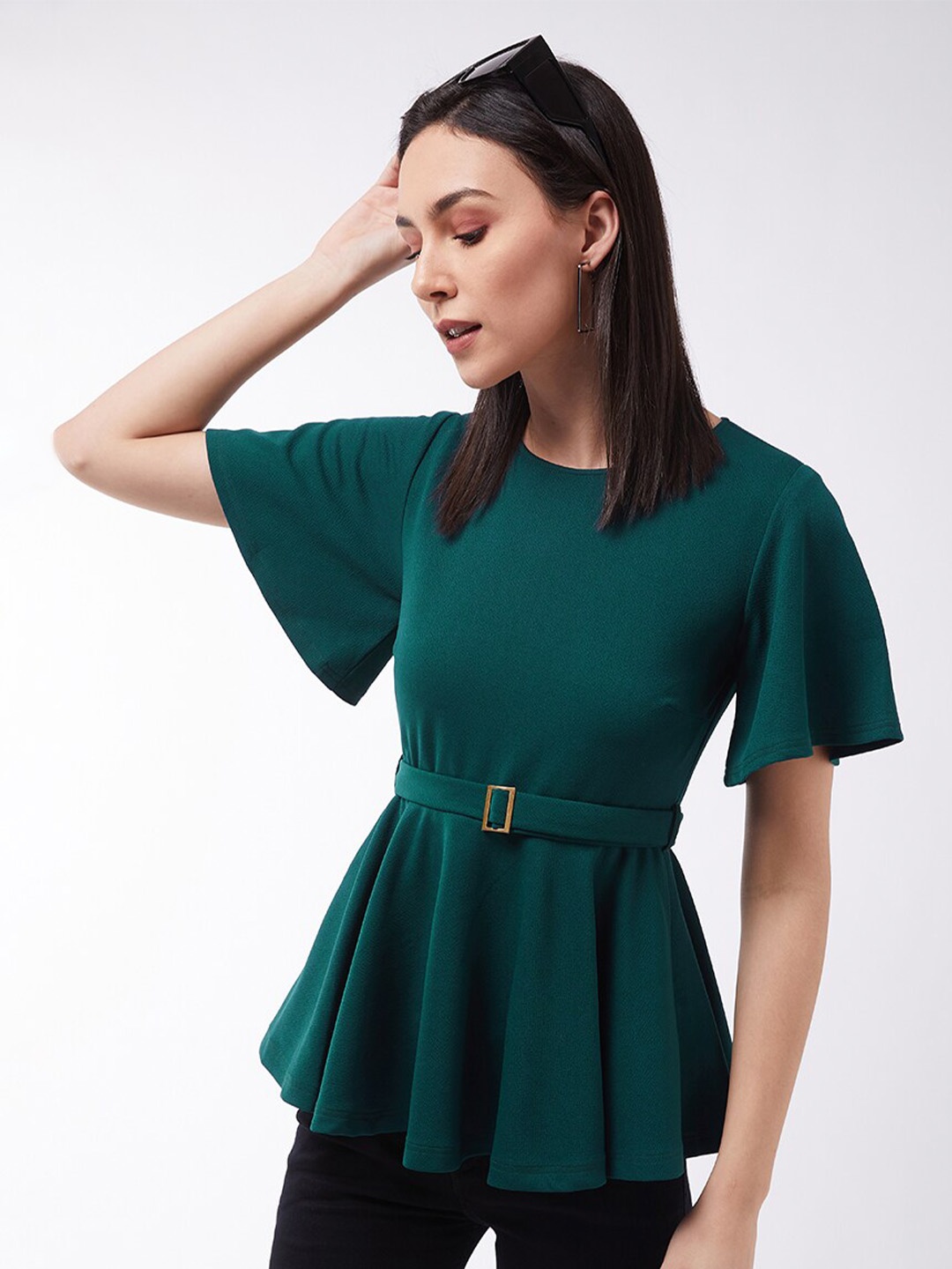 

DressBerry Green Flared Sleeves Georgette Gathered A-Line Regular Top