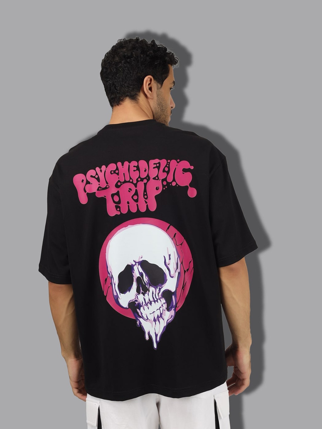 

WEARDUDS Graphic Printed Drop-Shoulder Sleeves Cotton Oversized T-shirt, Black