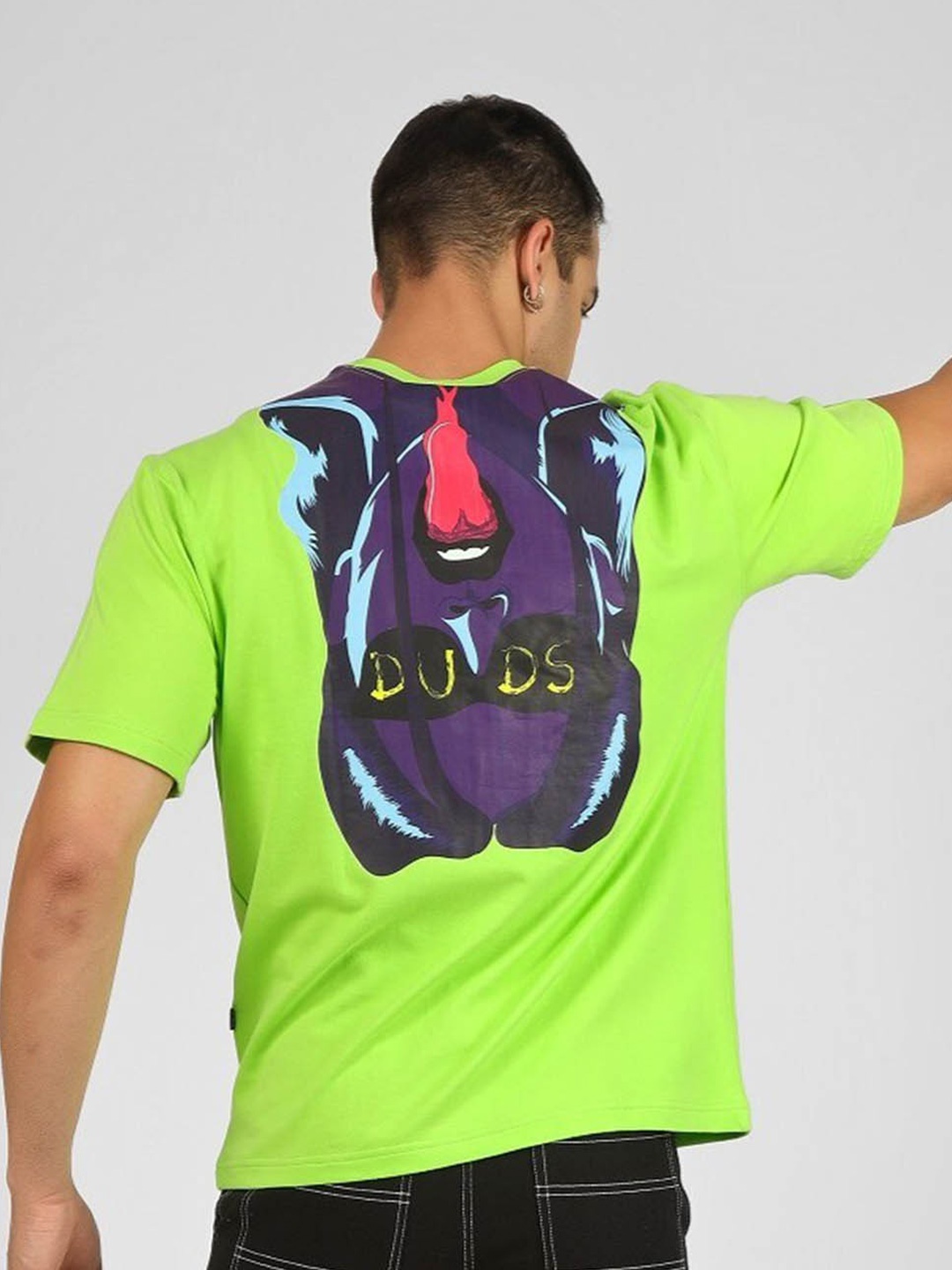 

WEARDUDS Graphic Printed Drop-Shoulder Sleeves Cotton Oversized T-shirt, Green
