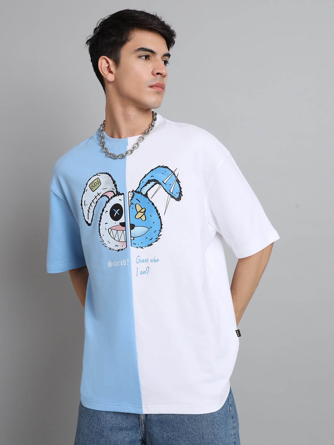 

WEARDUDS Scared Teddy Printed Drop-Shoulder Sleeves Cotton Oversized T-shirt, Blue