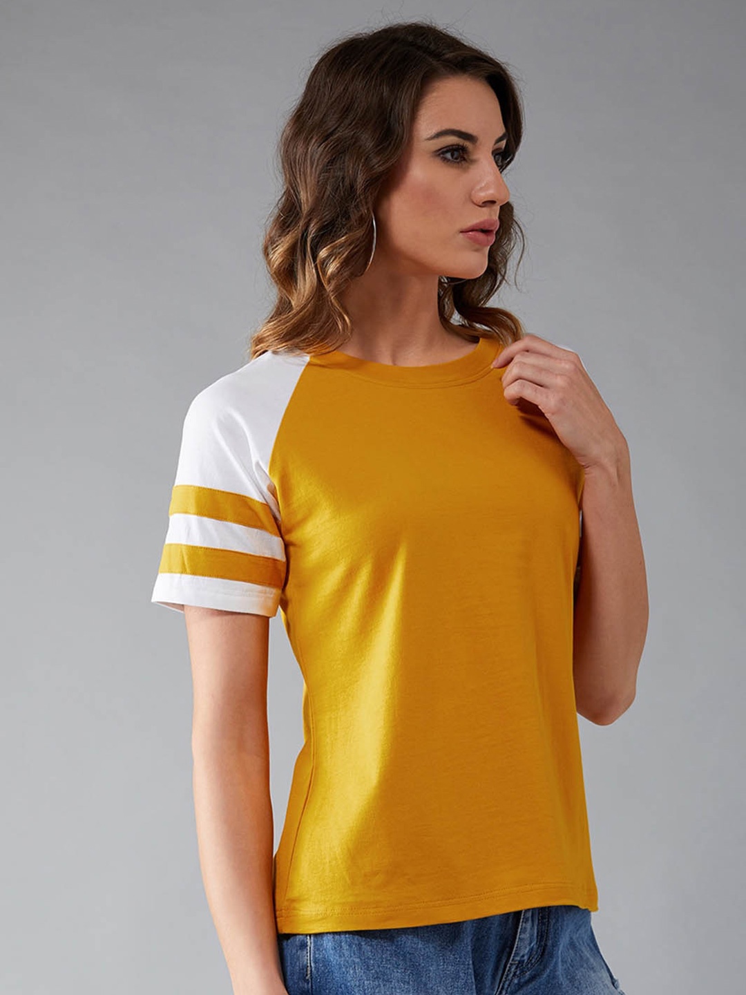 

DressBerry Mustard Yellow Colourblocked Round Neck Pure Cotton Relaxed Fit T-shirt