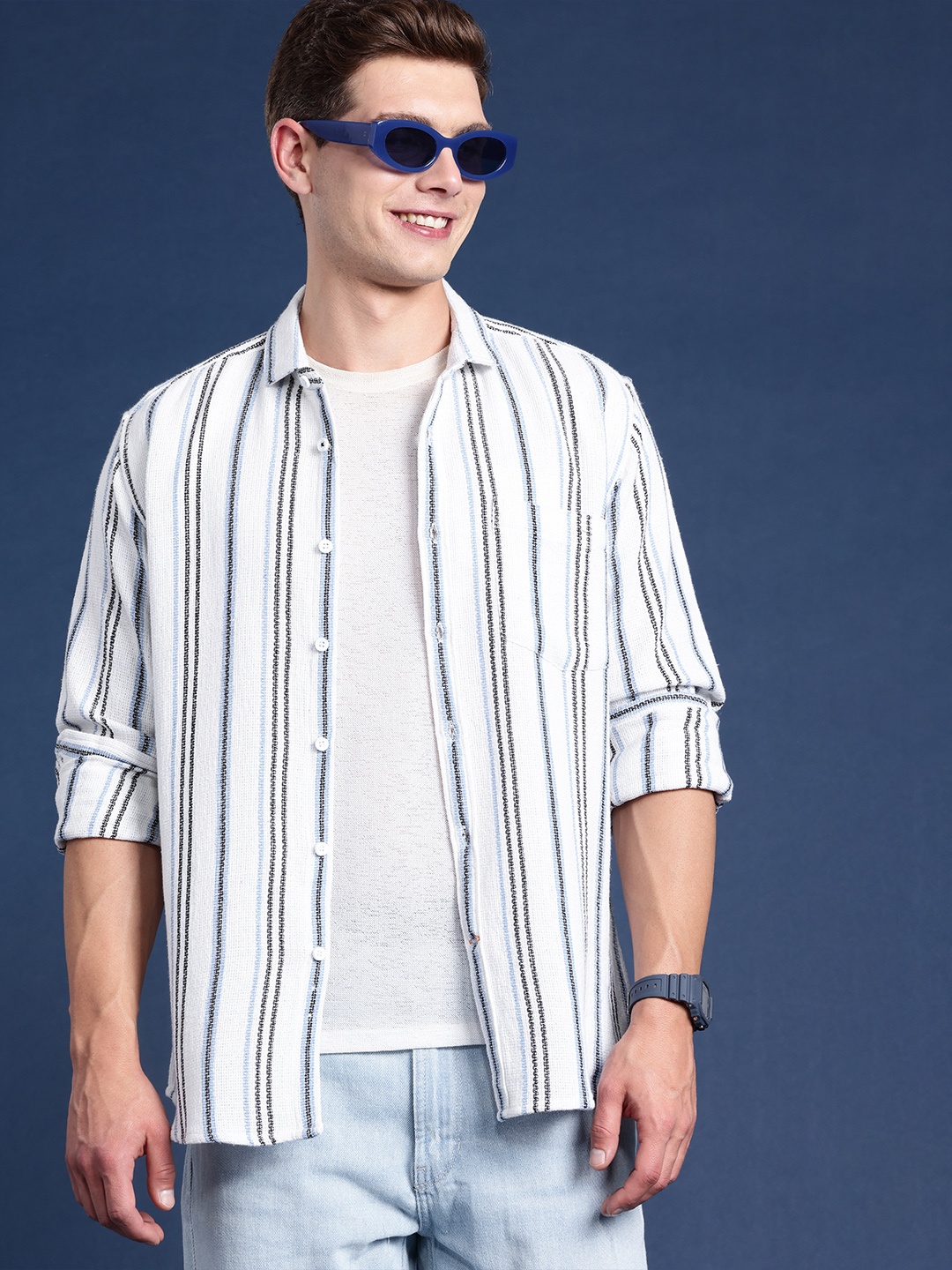 

Mast & Harbour Men Slim Fit Striped Casual Shirt, White