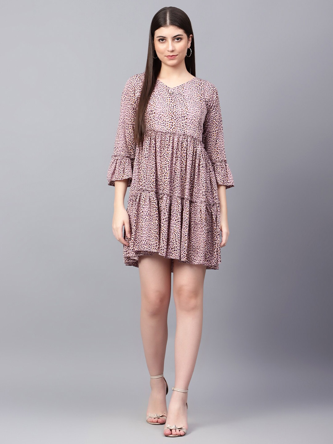 

Tulip Eden Animal Printed Bell Sleeves A-Line Mini Dress, Cream