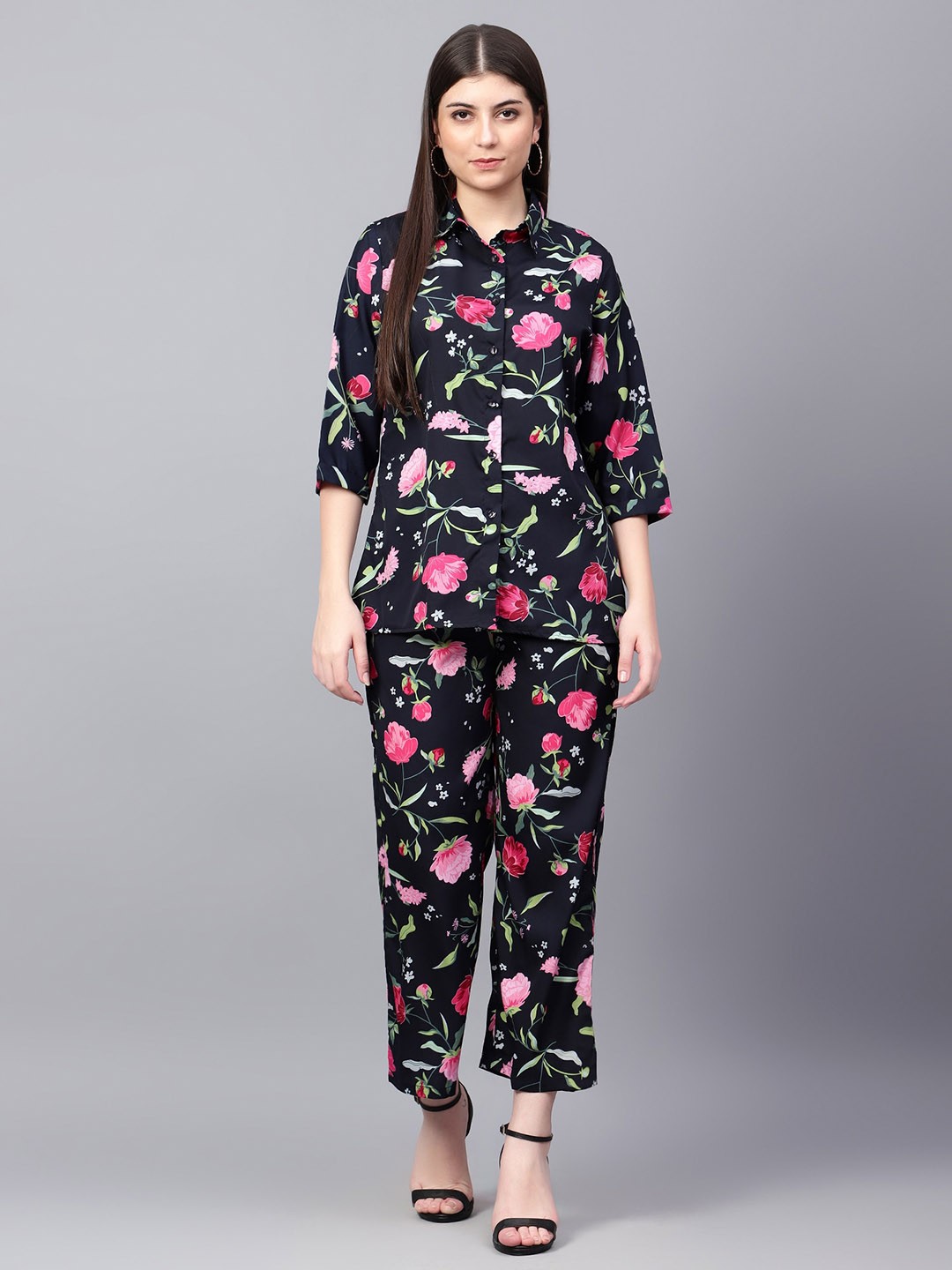 

Tulip Eden Floral Printed Shirt Collar Shirt & Trouser, Navy blue