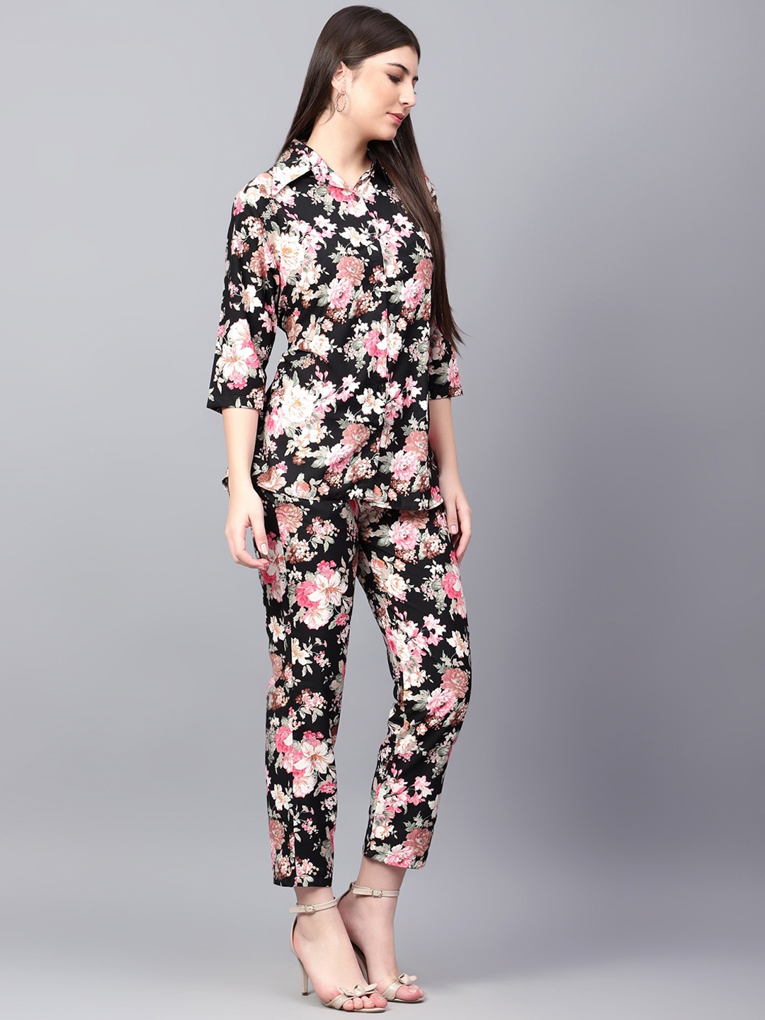 

Tulip Eden Floral Printed Shirt Collar Shirt With Trousers Co-Ords, Black