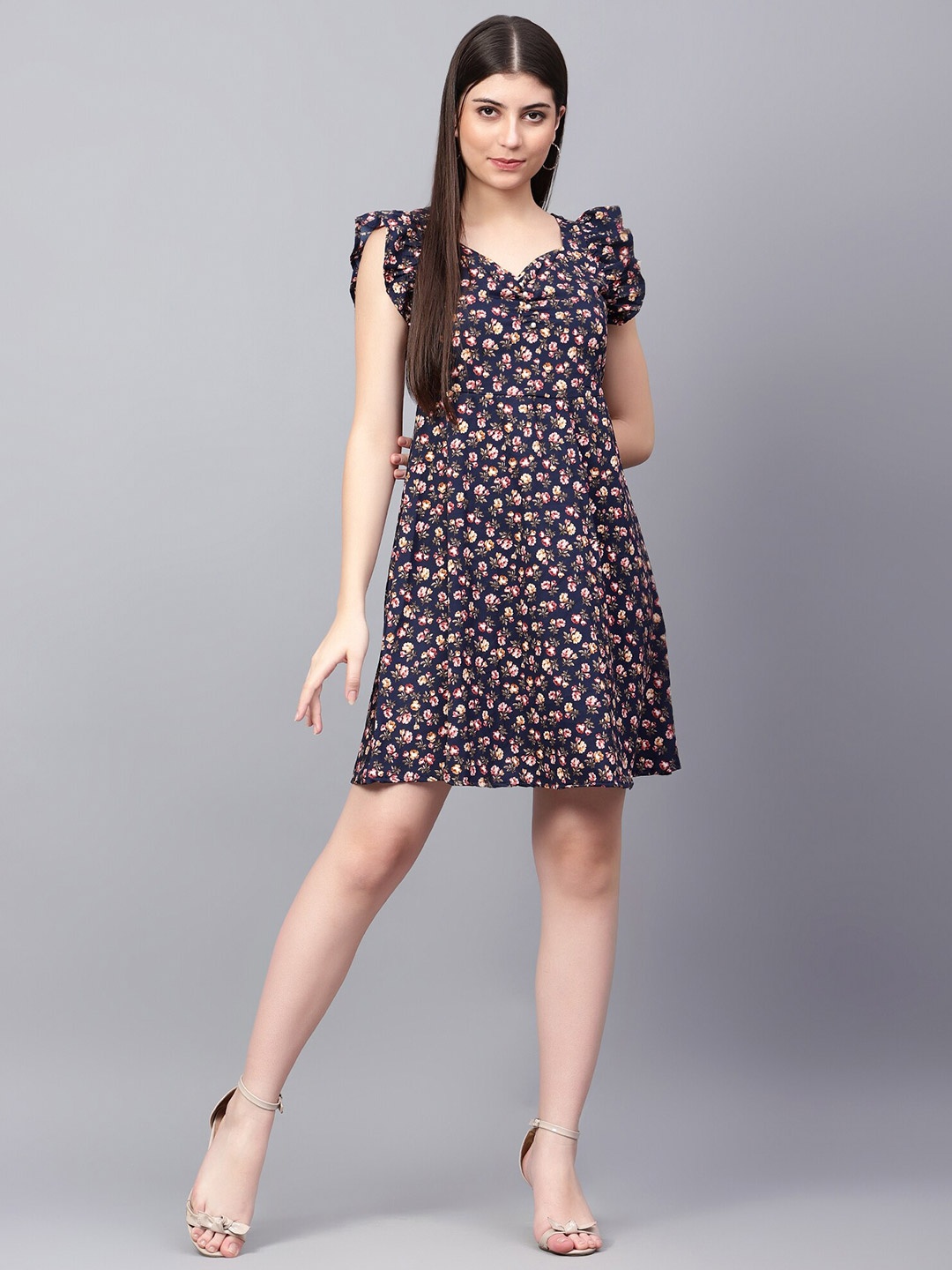 

Tulip Eden Floral Printed Smocked Flutter Sleeves A-Line Dress, Navy blue