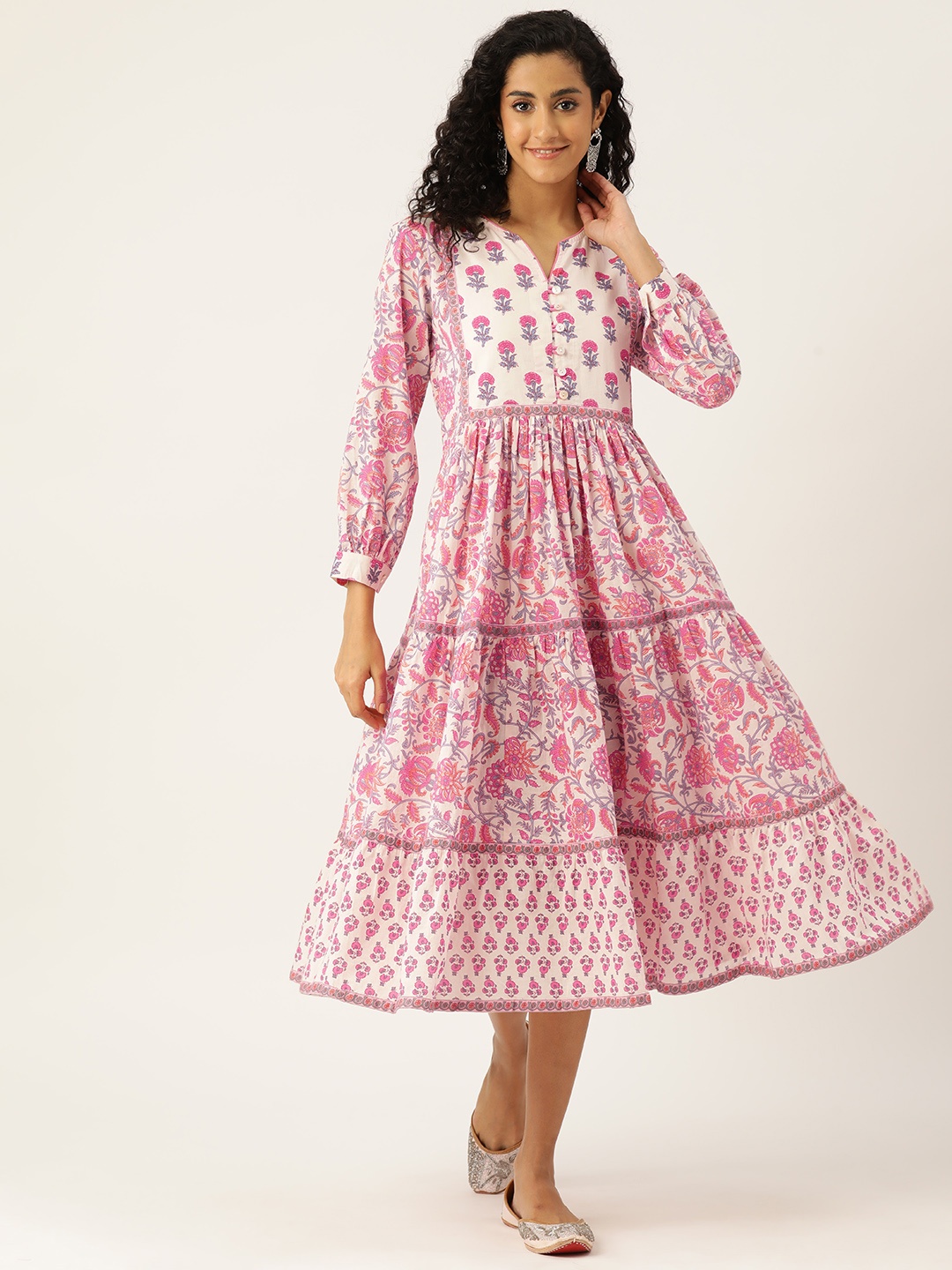 

Jaipur Morni Floral Print Puff Sleeves Tiered Pure Cotton Fit & Flare Midi Dress, White