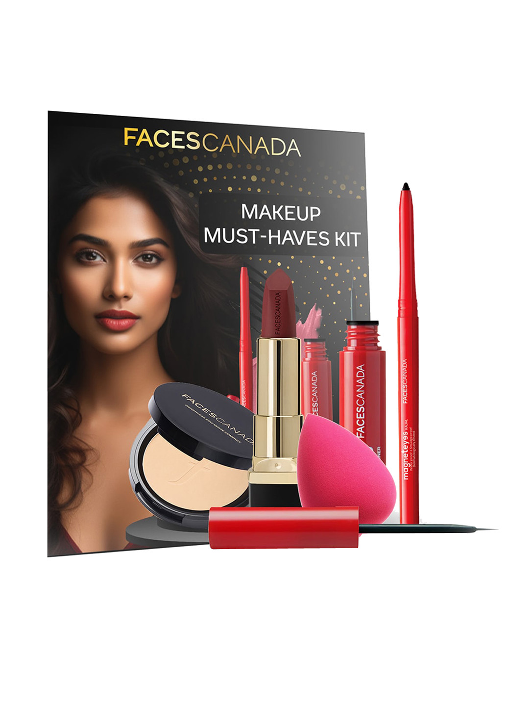 

FACES CANADA Set of 5 Kajal-Eyeliner-Weightless Compact-Cream Lipstick & Blender, Pink