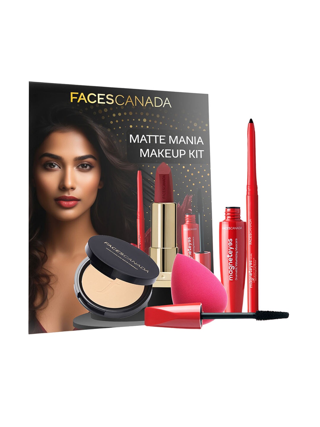 

FACES CANADA Set Of 5 Matte Mania Kajal - Lipstick - Compact - Mascara - Beauty Blender, Red