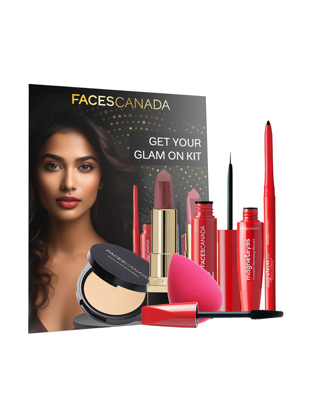 

FACES CANADA Set of 6 MagnetEyes Kajal-Eyeliner-Mascara-Compact-Creme Lipstick & Blender, Red