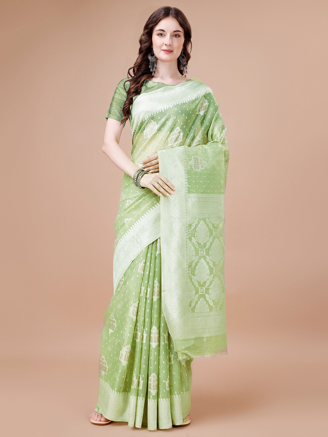 

R K MANIYAR Floral Woven Design Zari Silk Cotton Mysore Silk Saree, Green