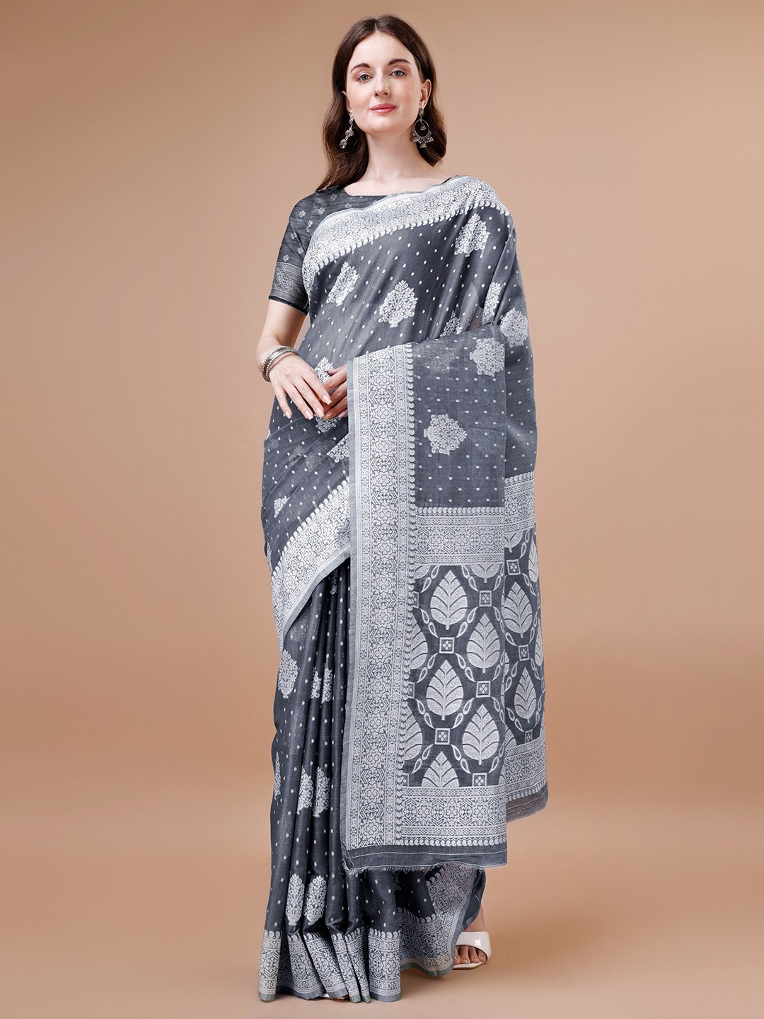 

R K MANIYAR Floral Woven Design Zari Silk Cotton Mysore Silk Saree, Grey
