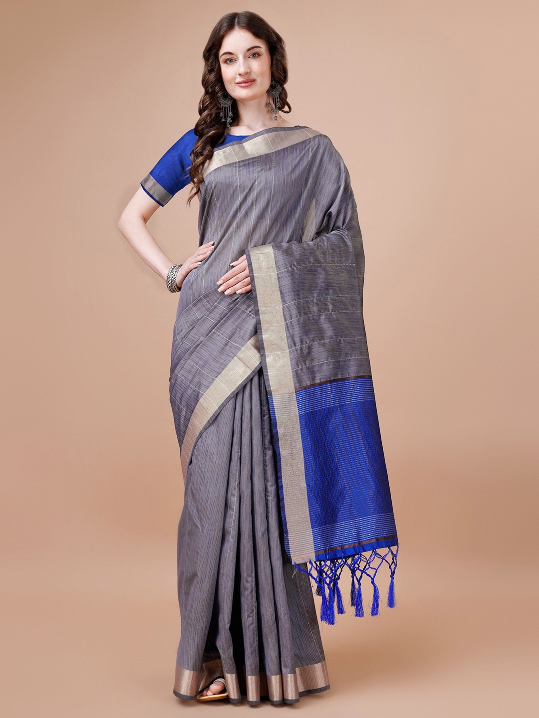 

R K MANIYAR Striped Zari Silk Cotton Mysore Silk Saree, Grey