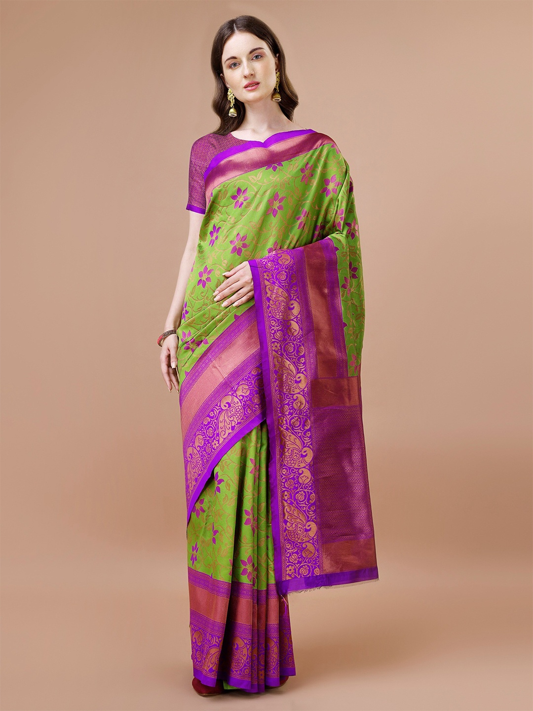 

R K MANIYAR Ethnic Motifs Woven Designed Zari Silk Cotton Mysore Silk Saree, Green