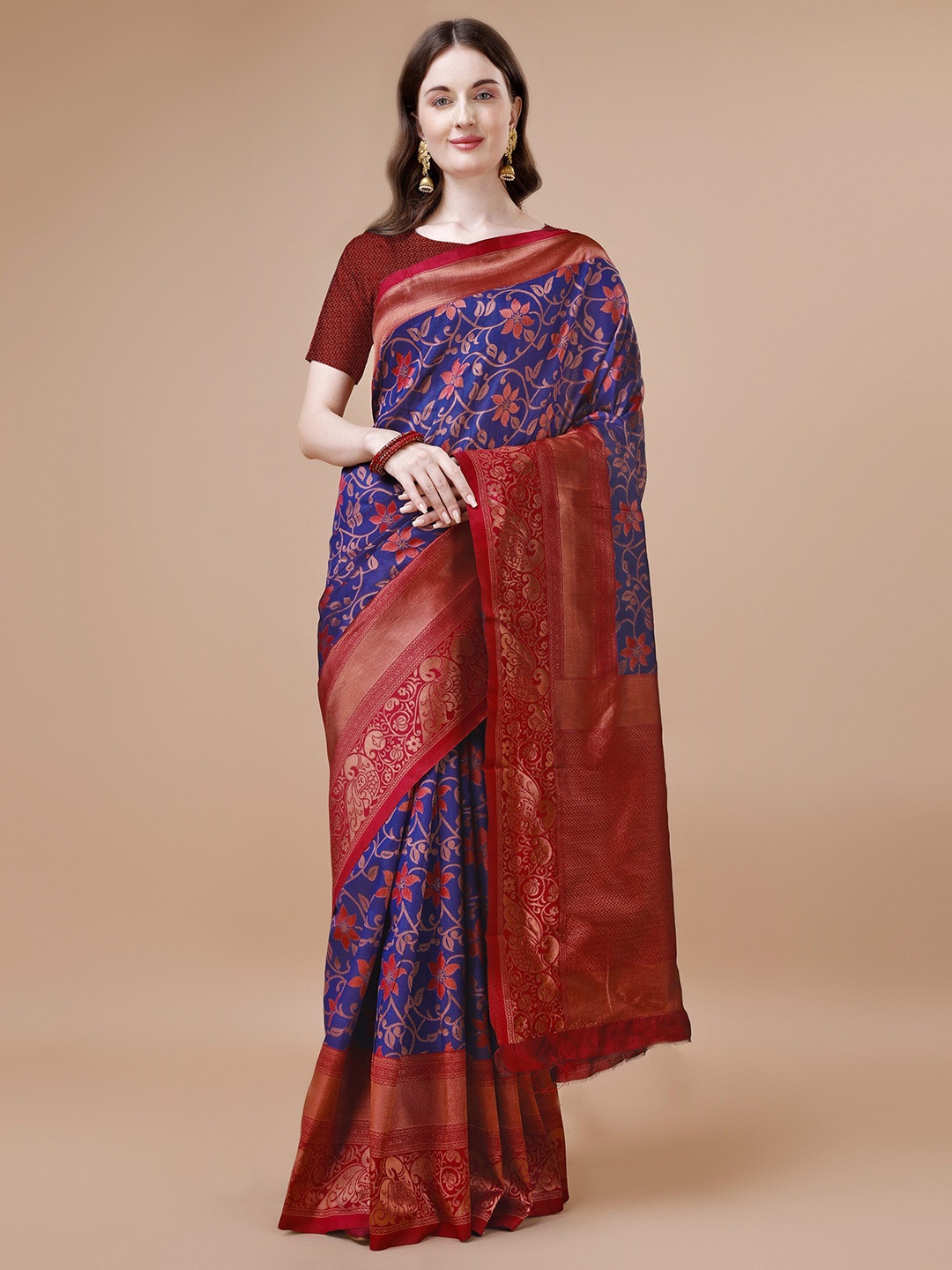 

R K MANIYAR Floral Woven Design Zari Silk Cotton Mysore Silk Saree, Navy blue