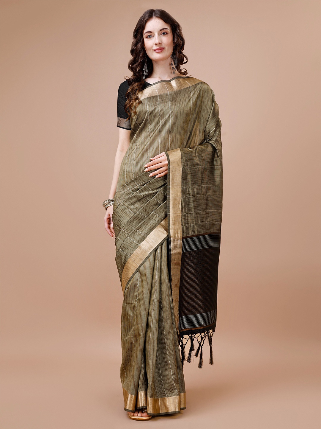 R K MANIYAR Striped Zari Silk Cotton Mysore Silk Saree, Olive
