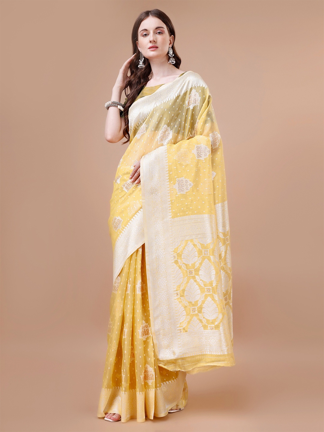 

R K MANIYAR Ethnic Motifs Woven Designed Zari Silk Cotton Mysore Silk Saree, Yellow