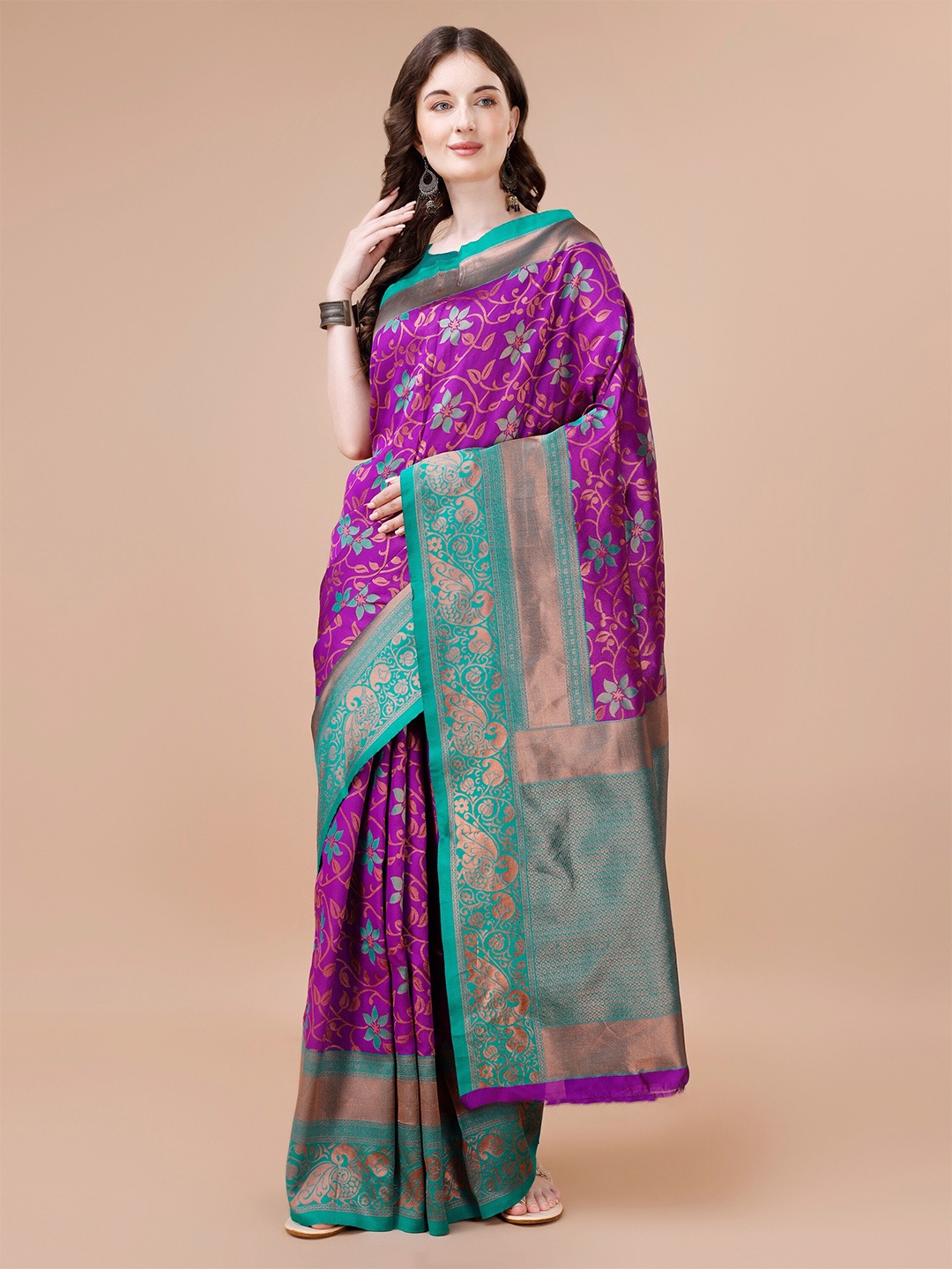 

R K MANIYAR Ethnic Motifs Woven Designed Zari Silk Cotton Mysore Silk Saree, Purple