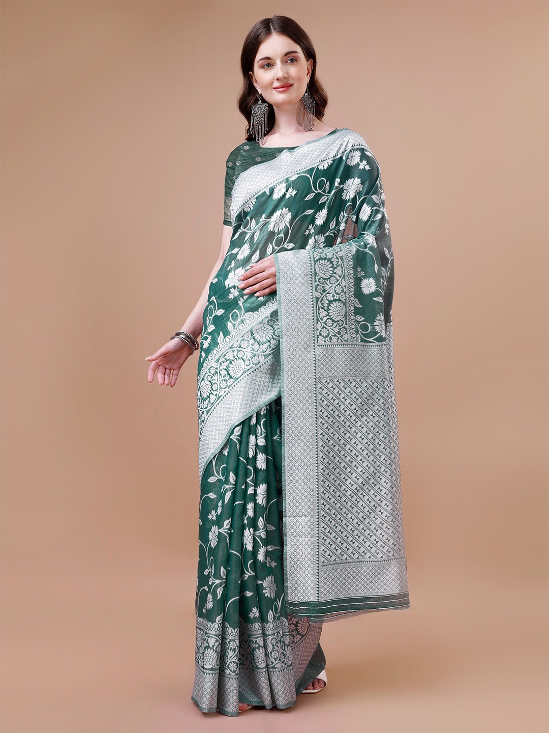 

R K MANIYAR Floral Woven Designed Silk Cotton Mysore Silk Saree, Green