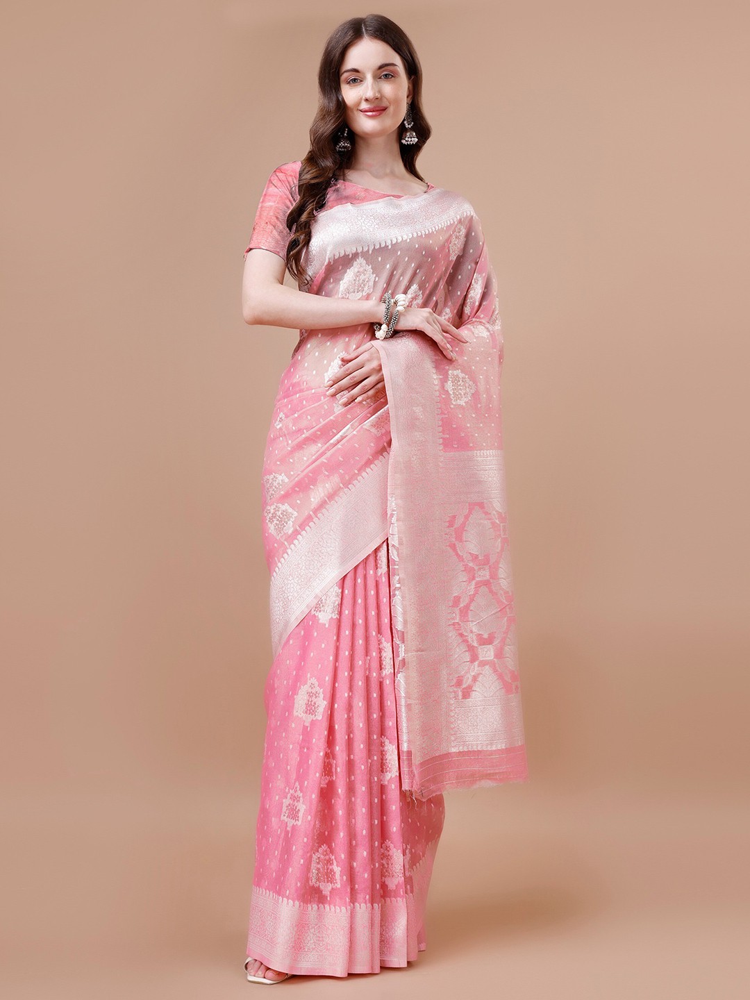 

R K MANIYAR Ethnic Motifs Woven Design Silk Cotton Mysore Silk Saree, Pink