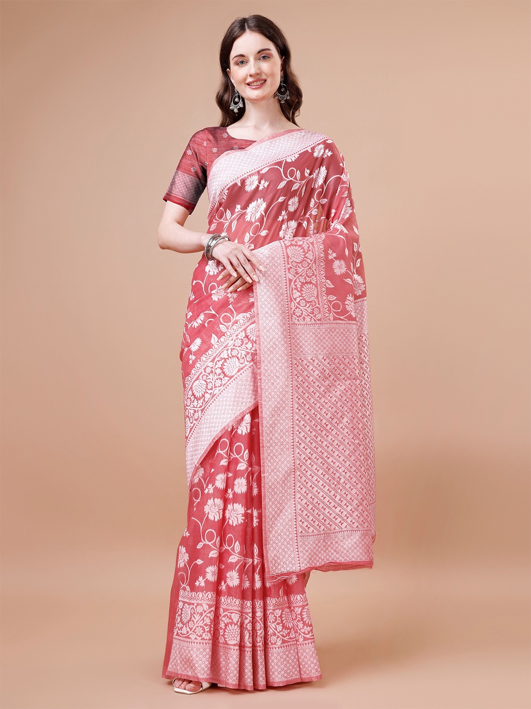 

R K MANIYAR Floral Woven Design Zari Silk Cotton Mysore Silk Saree, Red