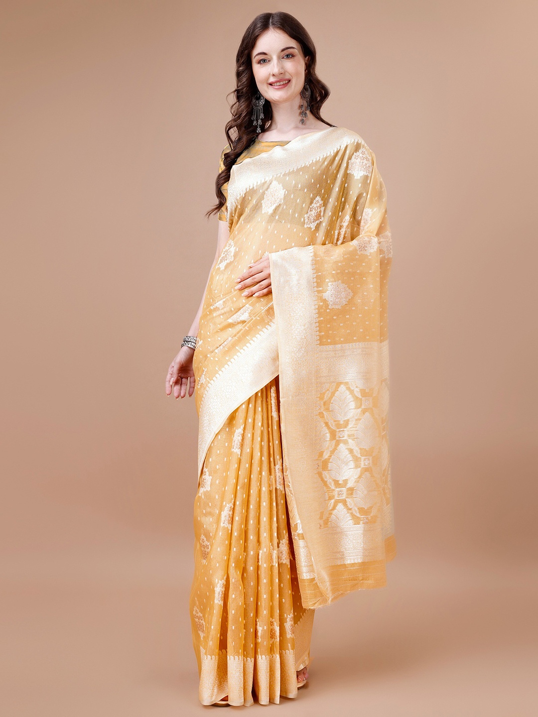 

R K MANIYAR Floral Woven Design Silk Cotton Mysore Silk Saree, Orange