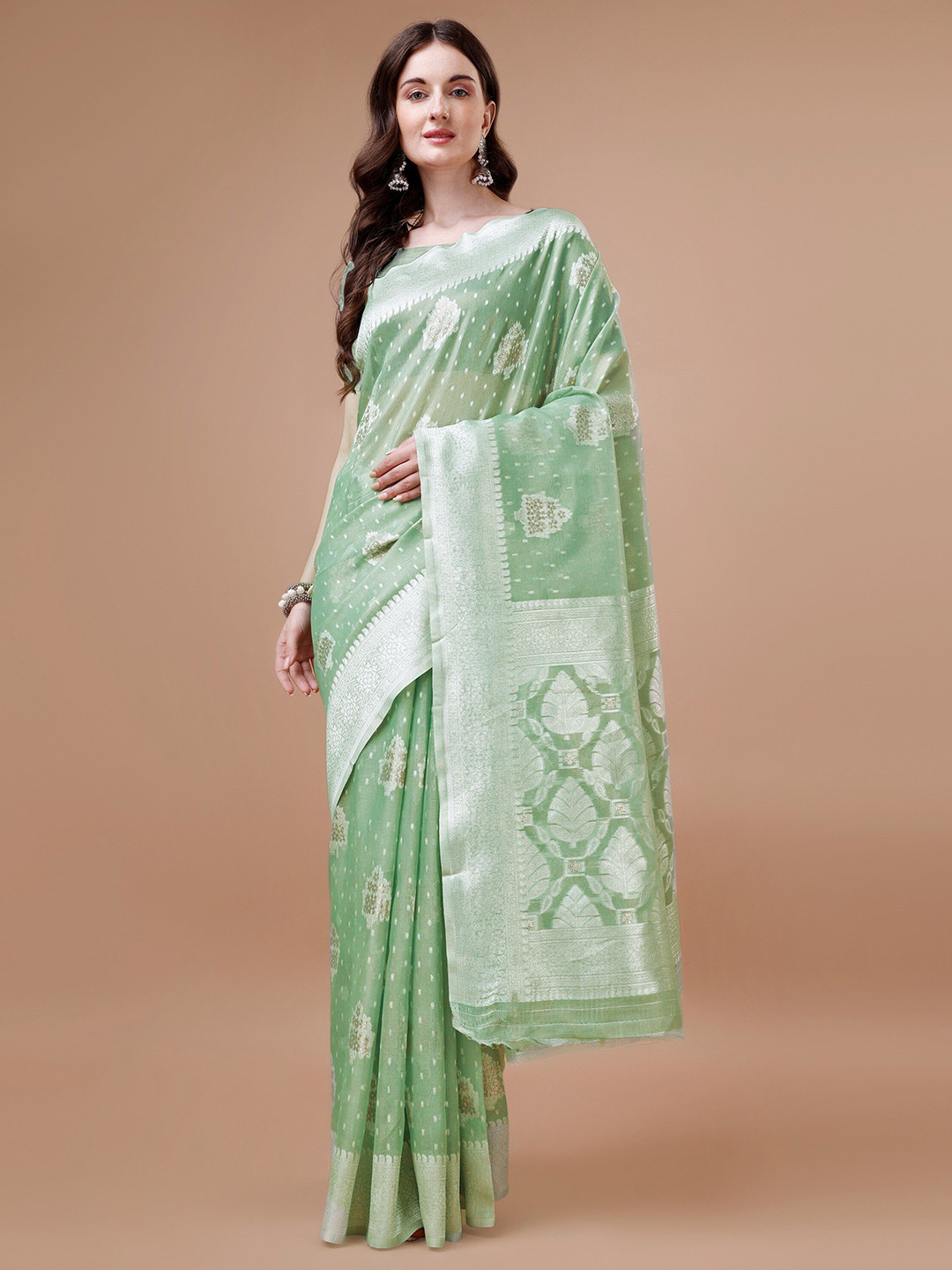 

R K MANIYAR Ethnic Motifs Woven Designed Zari Silk Cotton Mysore Silk Saree, Olive