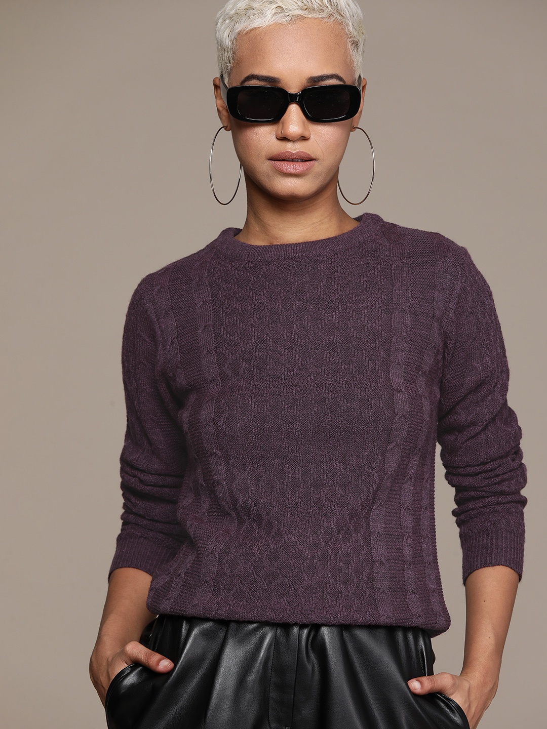 

Roadster Women Self Design Pullover, Purple