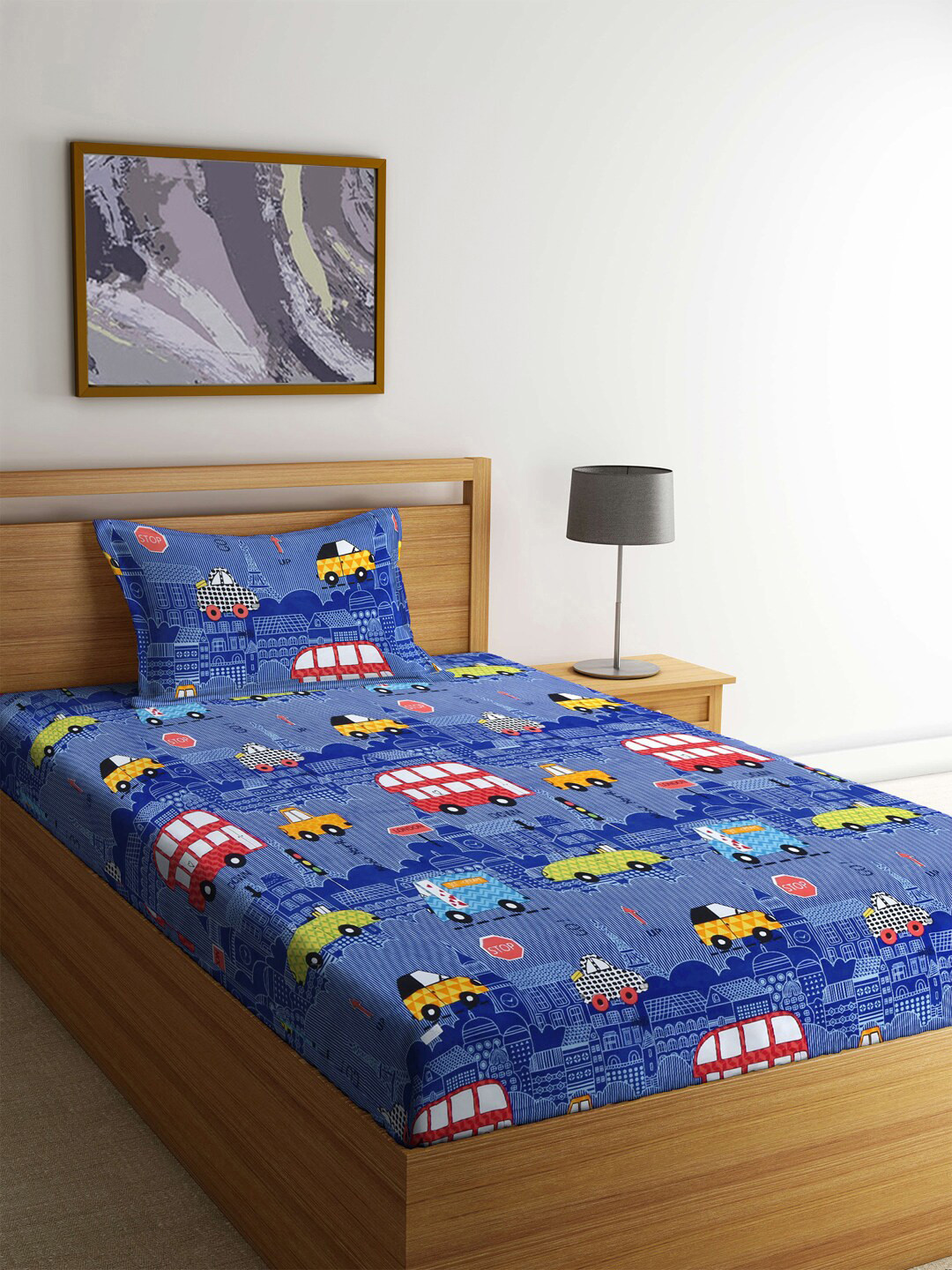 

FABINALIV Blue Cartoon Characters Printed 300 TC Single Bedsheet With 1 Pillow Cover