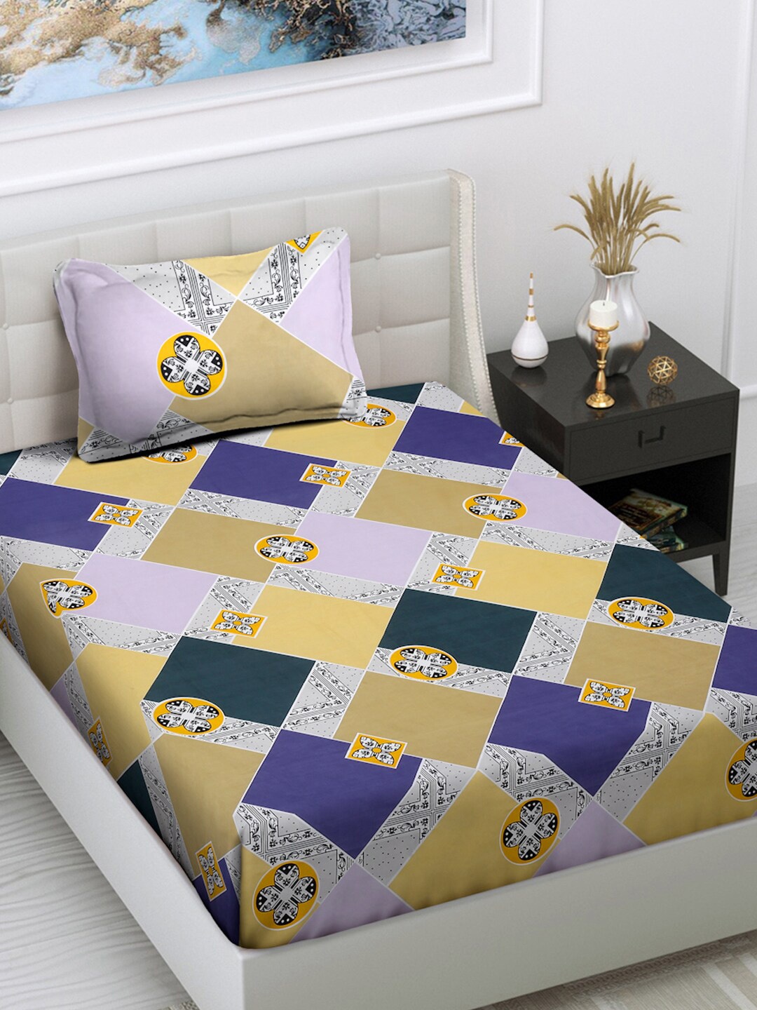 

FABINALIV Yellow & Grey Geometric Printed 300 TC Single Bedsheet With 1 Pillow Cover