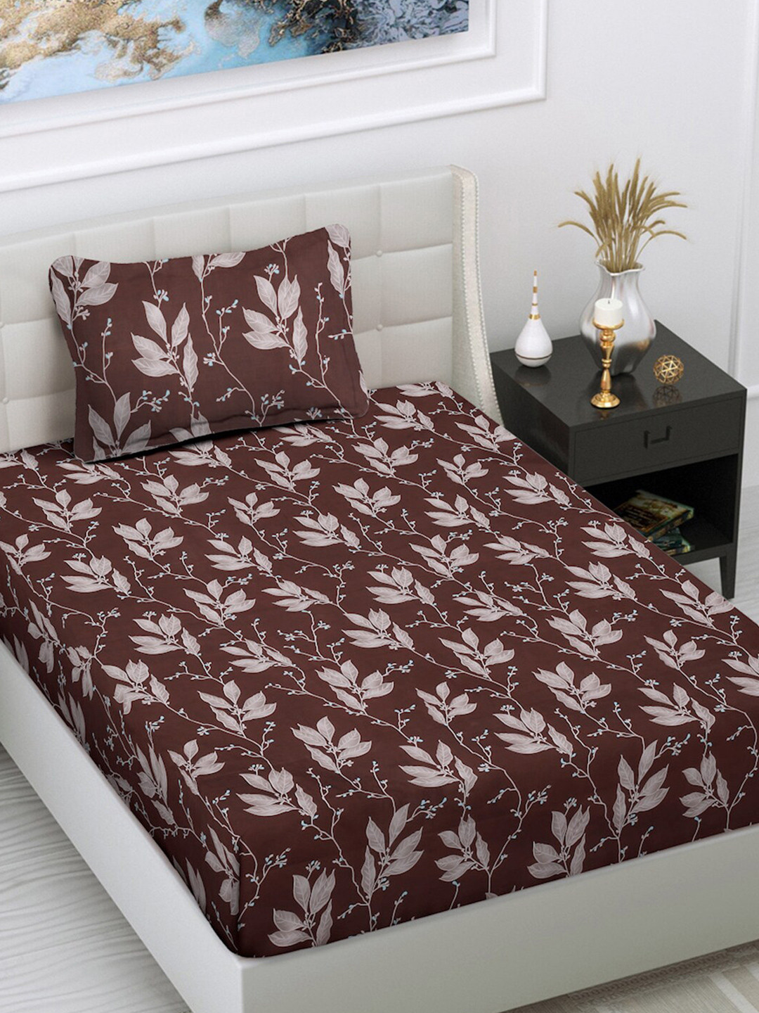 

FABINALIV Brown & White Floral Printed 300 TC Single Bedsheet With 1 Pillow Cover
