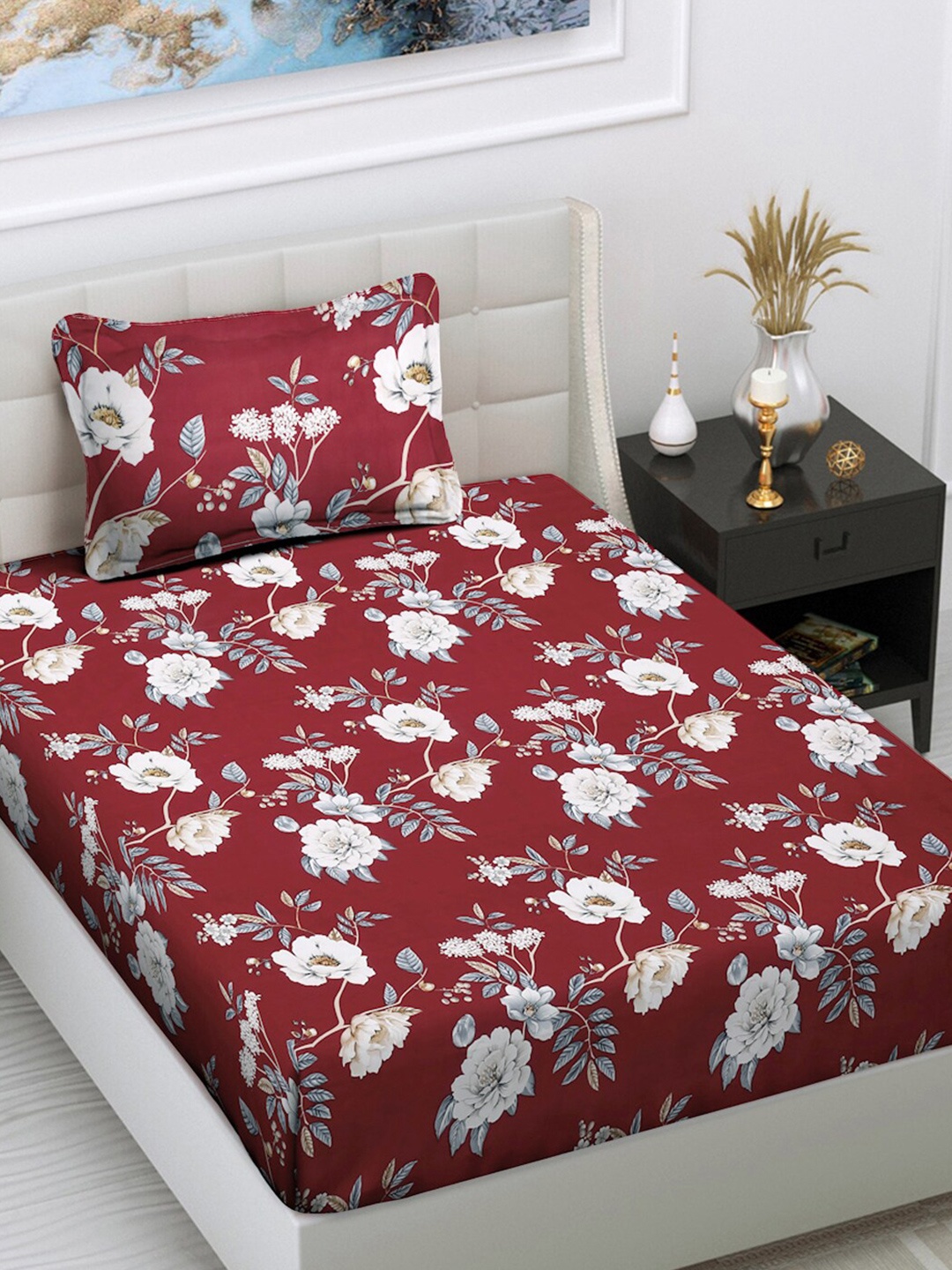 

FABINALIV Maroon & White Floral 300 TC Single Bedsheet with 1 Pillow Cover