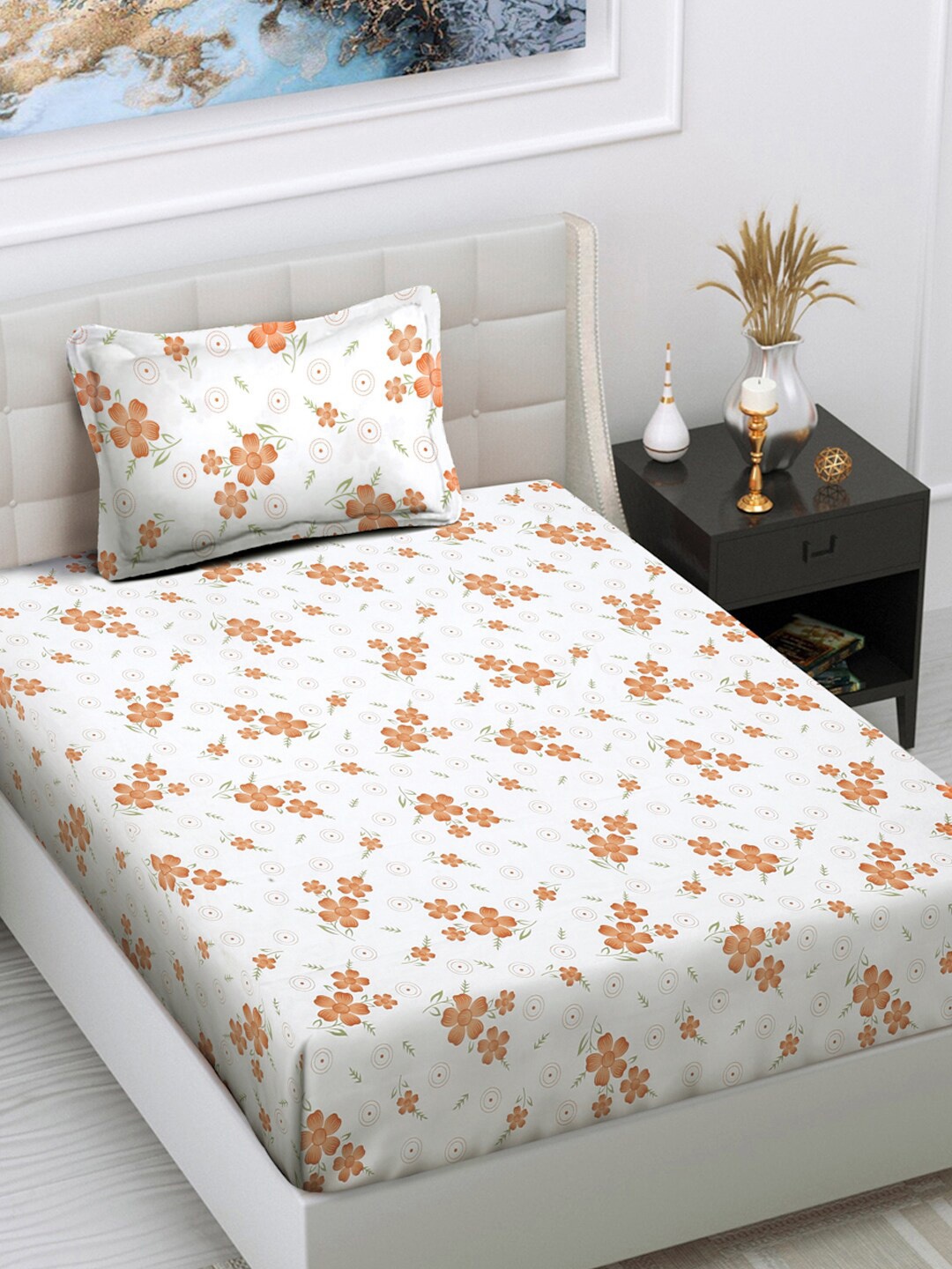 

FABINALIV White & Orange Floral Printed 300 TC Single Bedsheet With 1 Pillow Cover