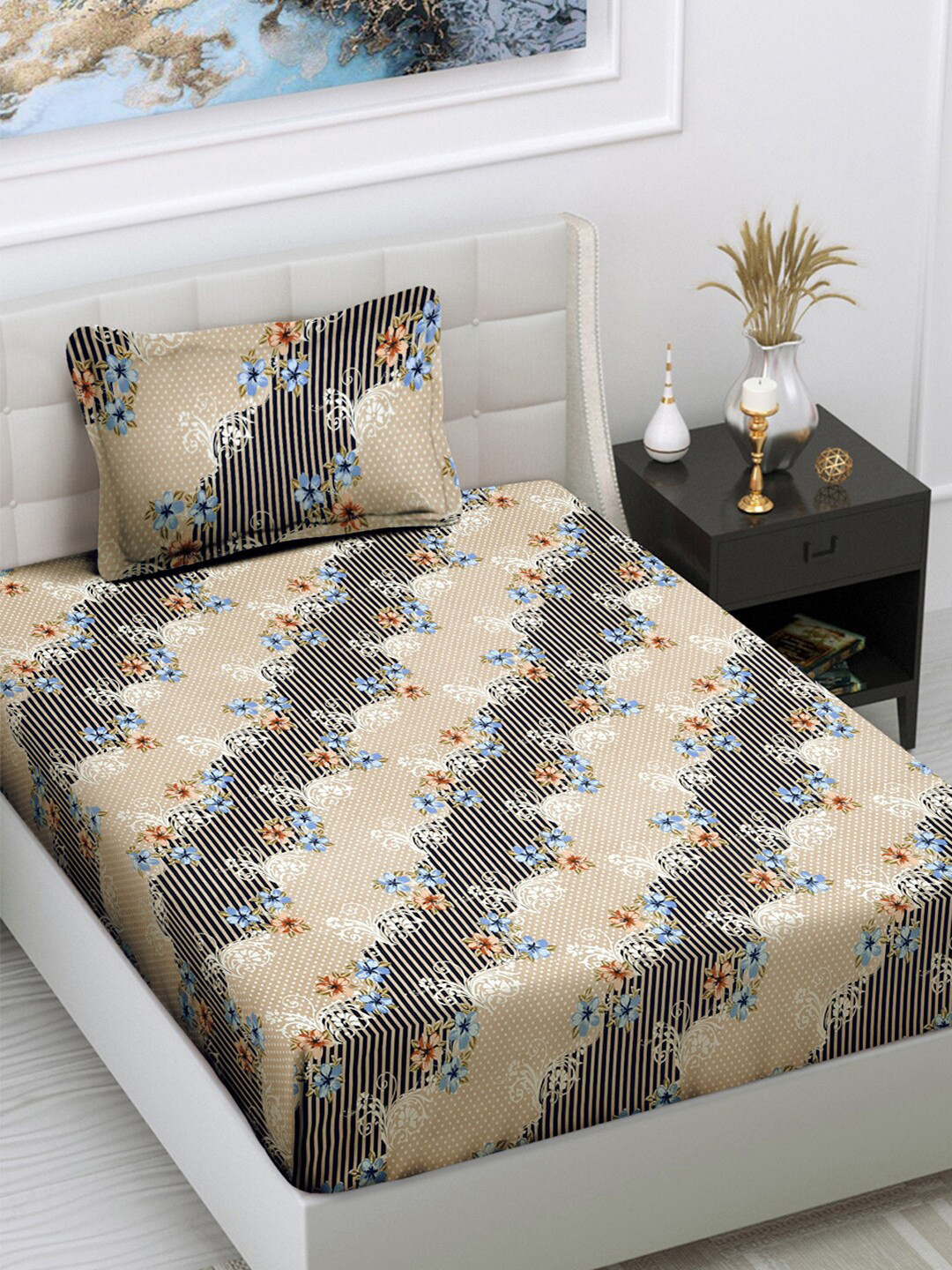 

FABINALIV Brown & Black Floral Printed 300 TC Single Bedsheet With 1 Pillow Cover