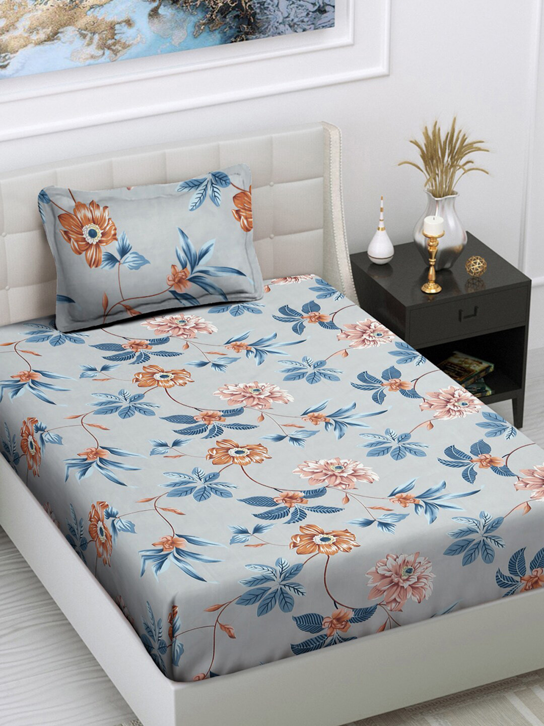 

FABINALIV Blue Floral Printed 300 TC Single Bedsheet With 1 Pillow Cover
